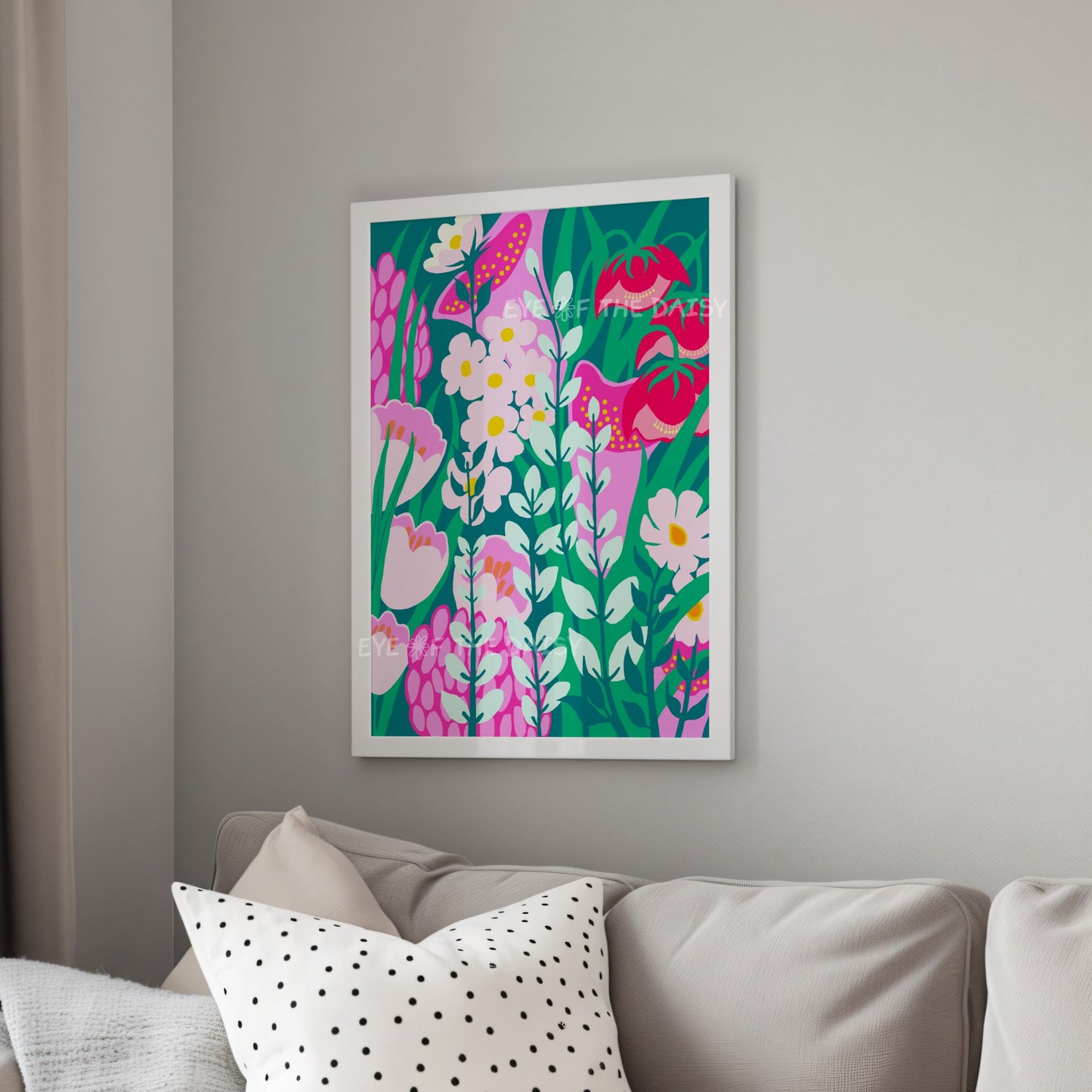 Eclectic flower wall art – bright abstract botanical printable poster in pink and green, fun decor for quirky living rooms