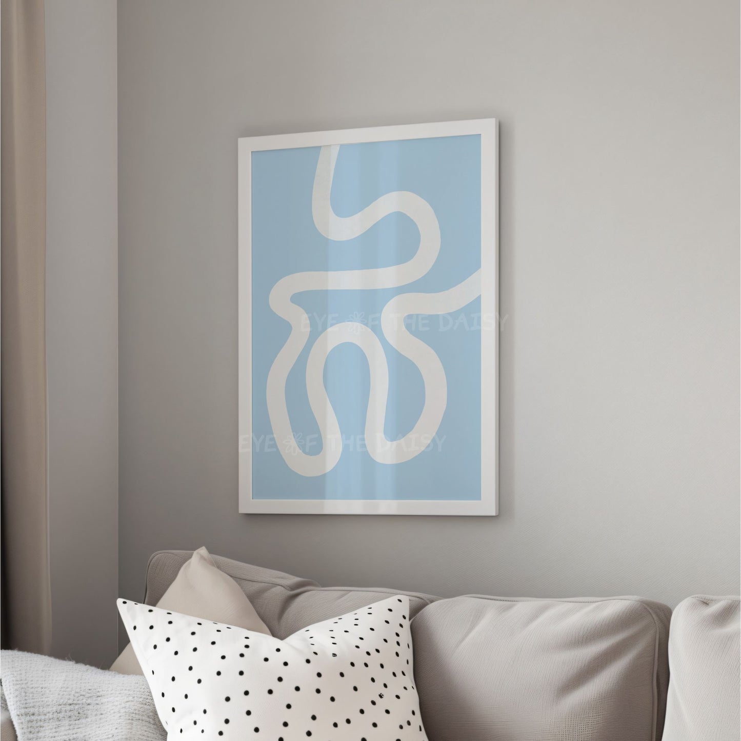 Abstract printable wall art with wavy lines on a light blue background in a modern living room