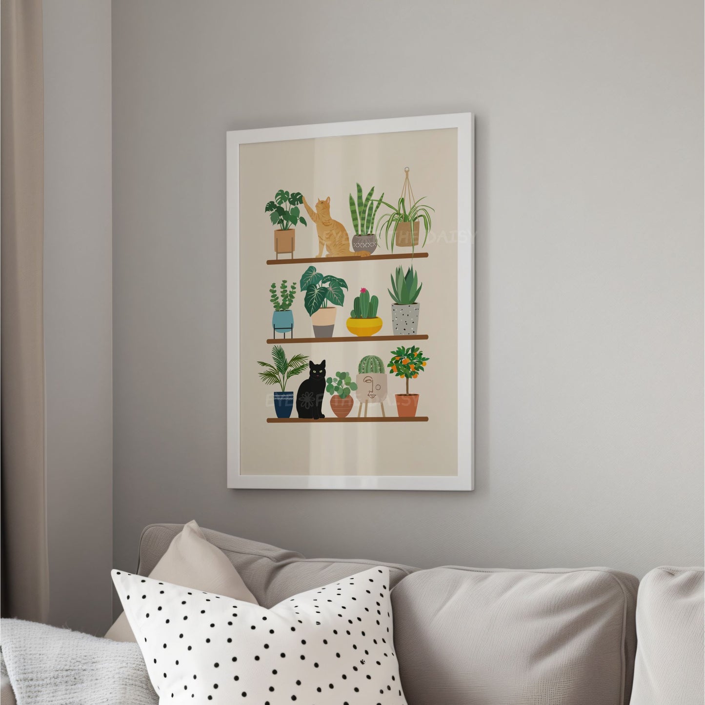 Cats and houseplants on shelves print – whimsical digital download, boho poster printable for cozy wall decor