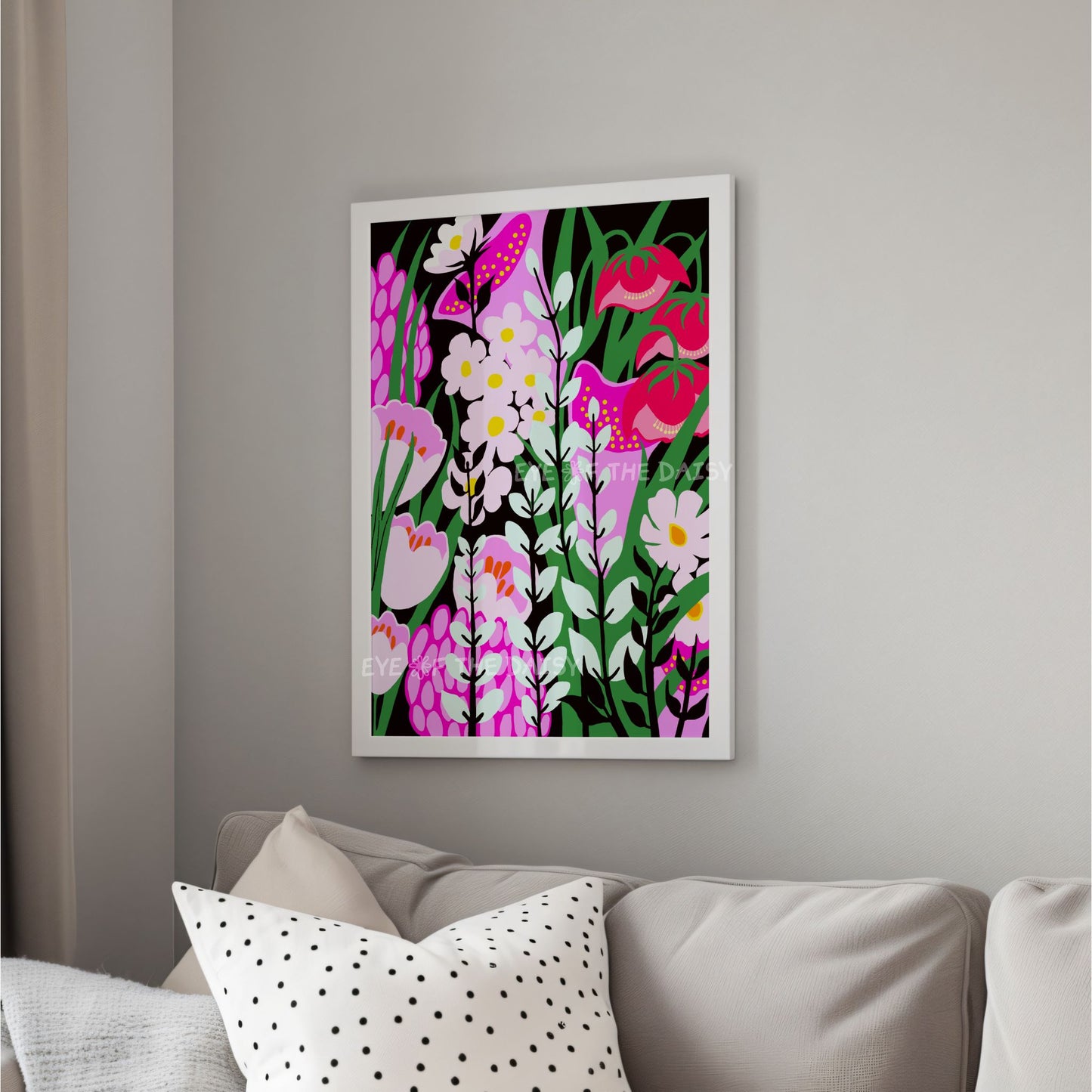 Mint and hot pink botanical print – abstract floral wall art for modern rooms, digital download for DIY decor