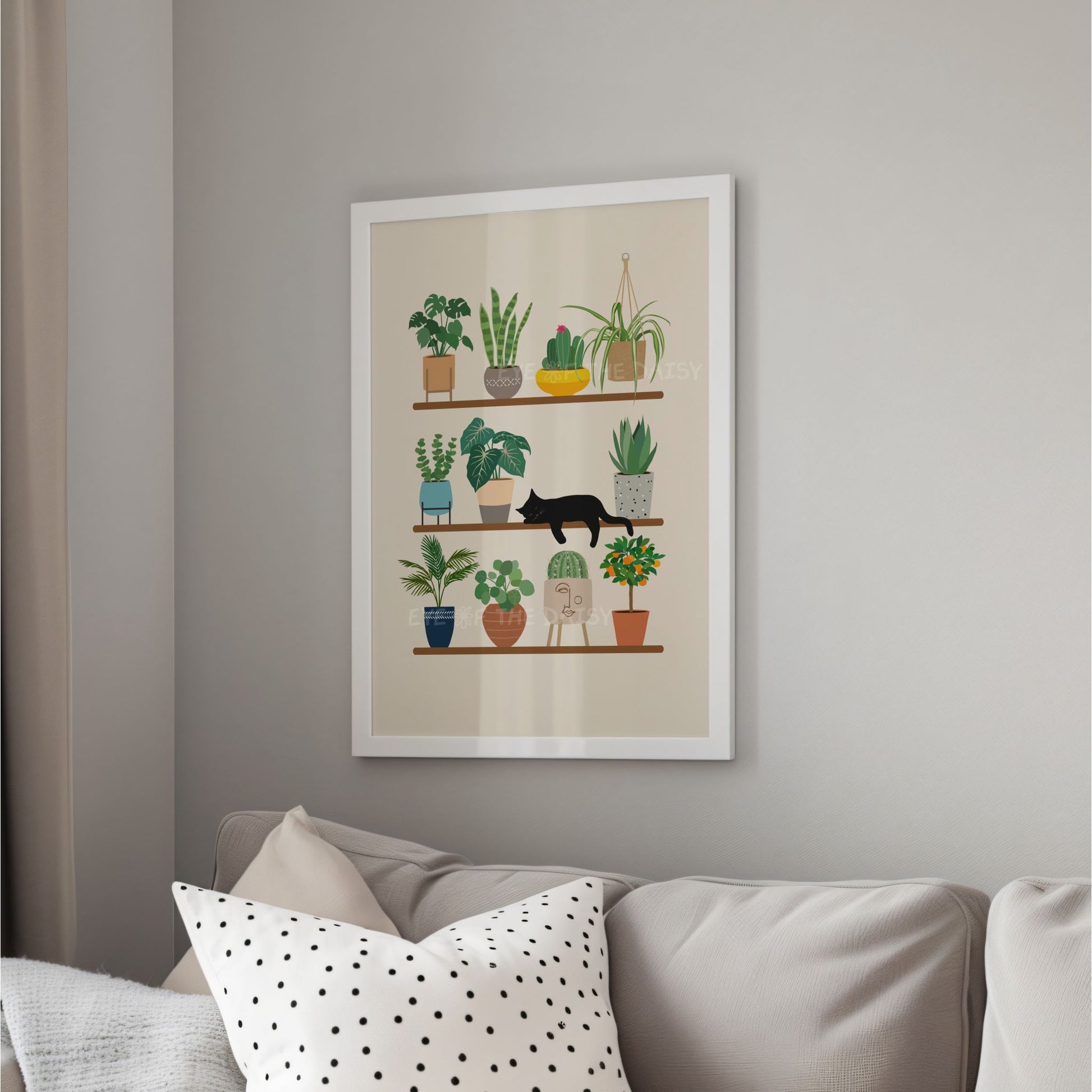 Eclectic boho illustration of a sleeping black cat on a shelf with different types of house plants, botanical downloadable art