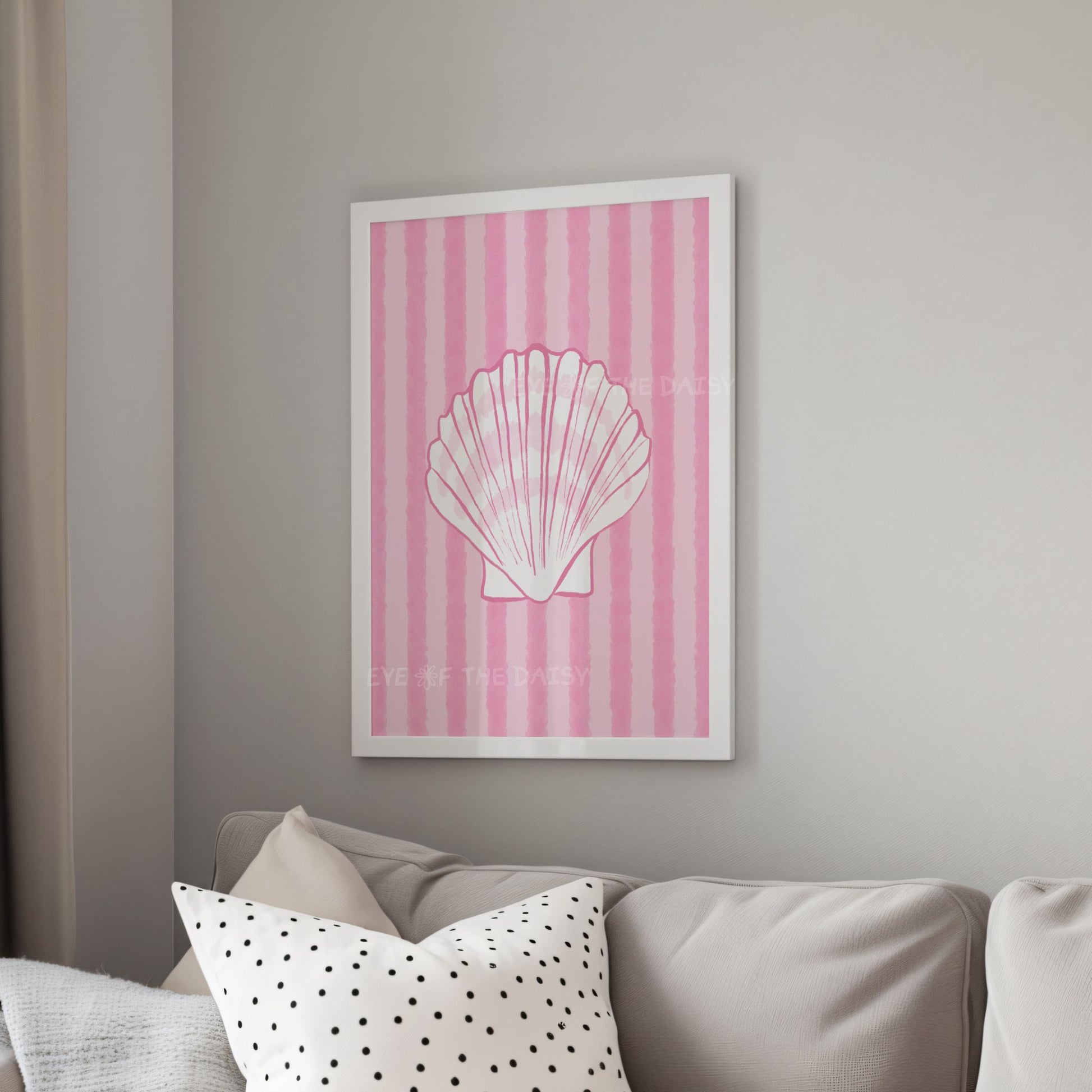 Quirky living room wall decor featuring hand-drawn white shell on pink striped background – pretty coastal cowgirl printable art print