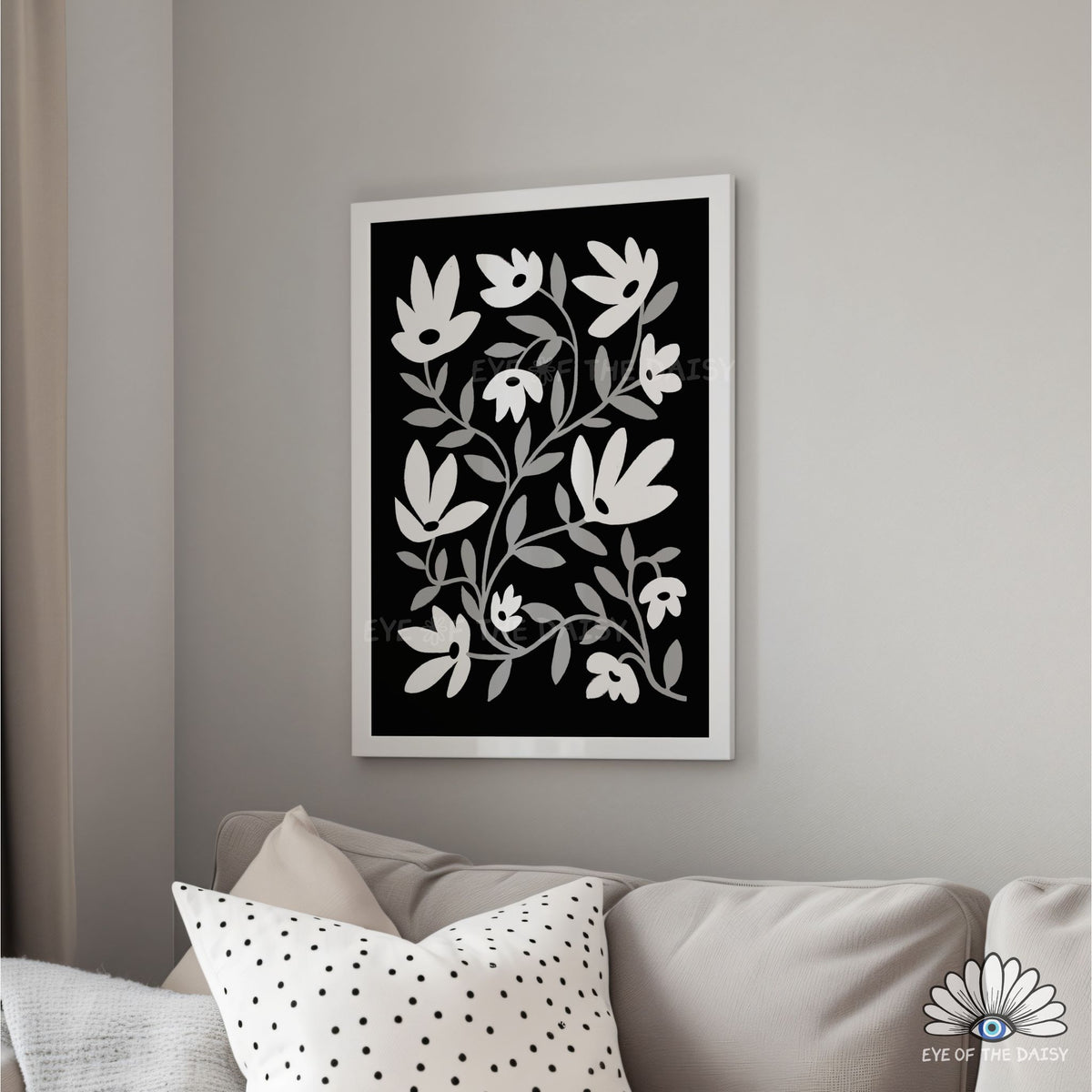 Contemporary grey botanical printable wall art, modern digital download for bedrooms, nurseries, or living rooms