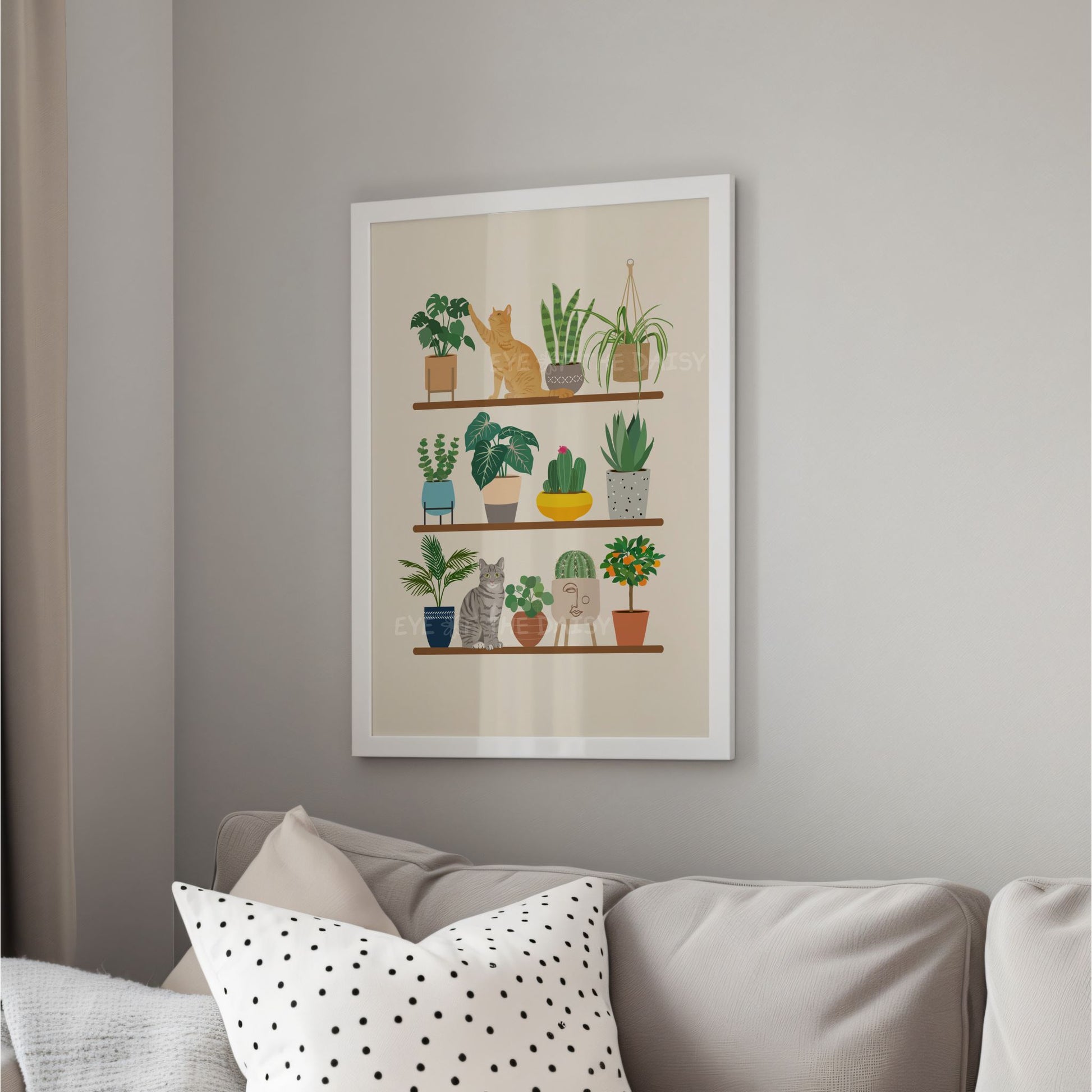 Ginger cat and plants on shelves artwork – funky printable wall poster download for colourful and quirky living room decor