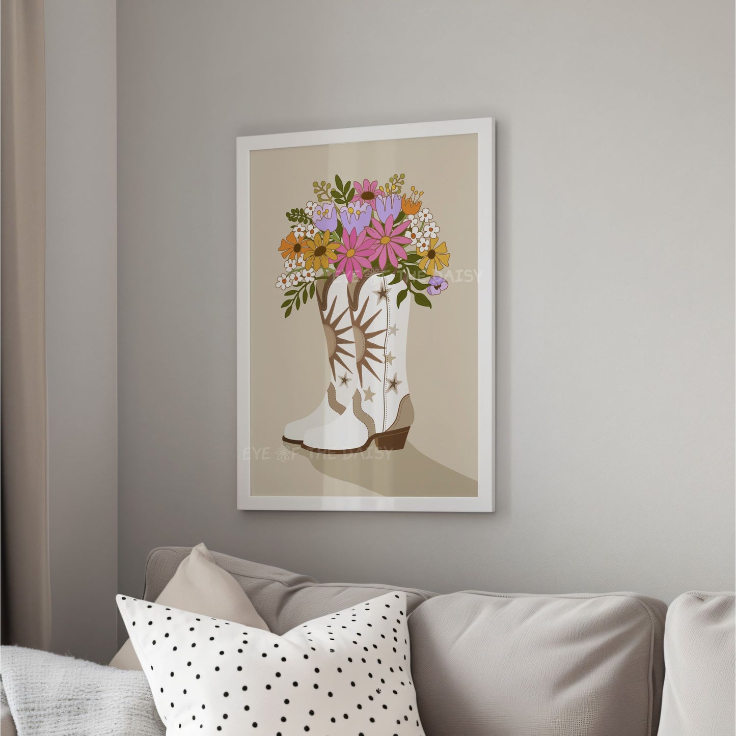 White cowgirl boots with flower bouquet printable wall art, perfect for playroom, children's room or eclectic living room