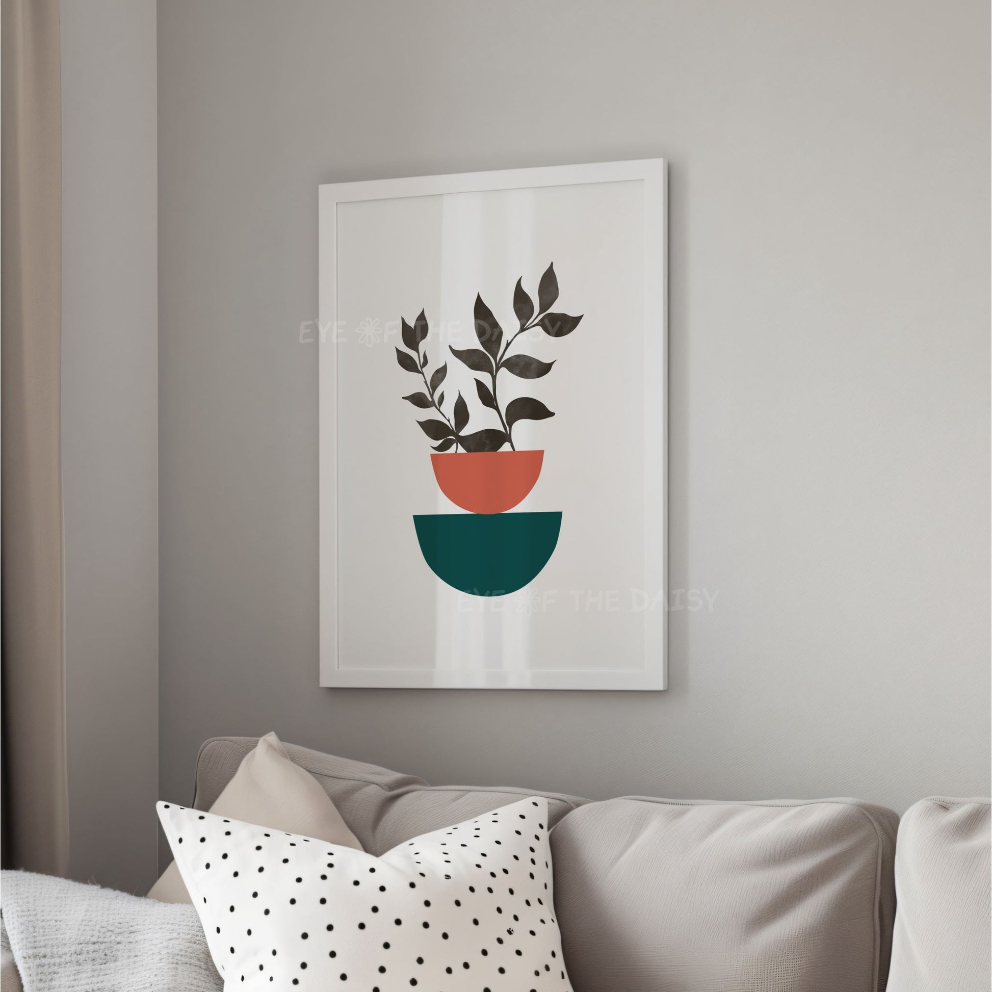 Abstract botanical leaves in bowl print - minimal mid century modern printable wall art in teal green and salmon pink