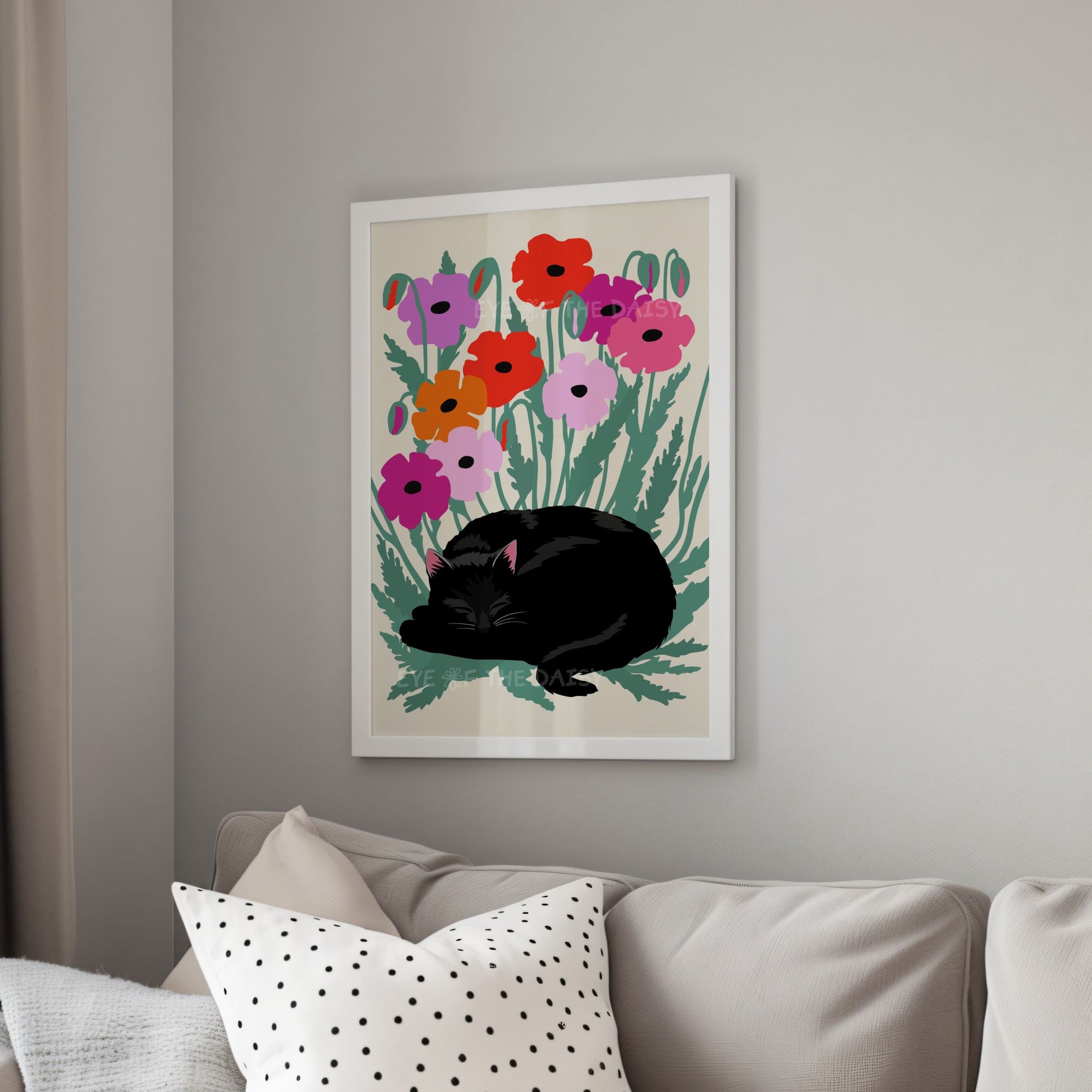 Sleeping cat in poppy field art print, living room wall decor, quirky fun poster for eclectic living rooms and dopamine decor