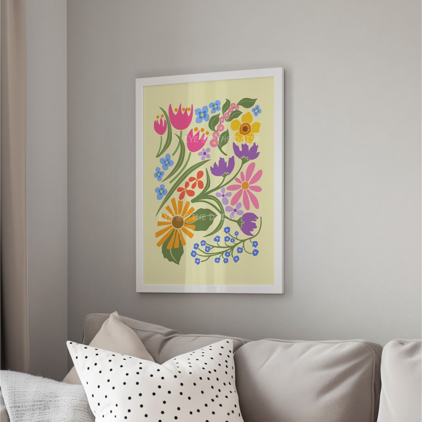 Vibrant modern botanical art print with pink, purple, yellow, orange and blue abstract flowers and green leaves on a pastel yellow