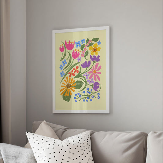 Vibrant modern botanical art print with pink, purple, yellow, orange and blue abstract flowers and green leaves on a pastel yellow
