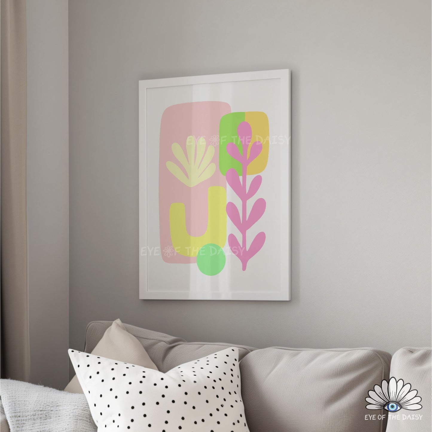 Playful pastel botanical abstract print with organic shapes, colorful modern wall art for Scandinavian style interiors