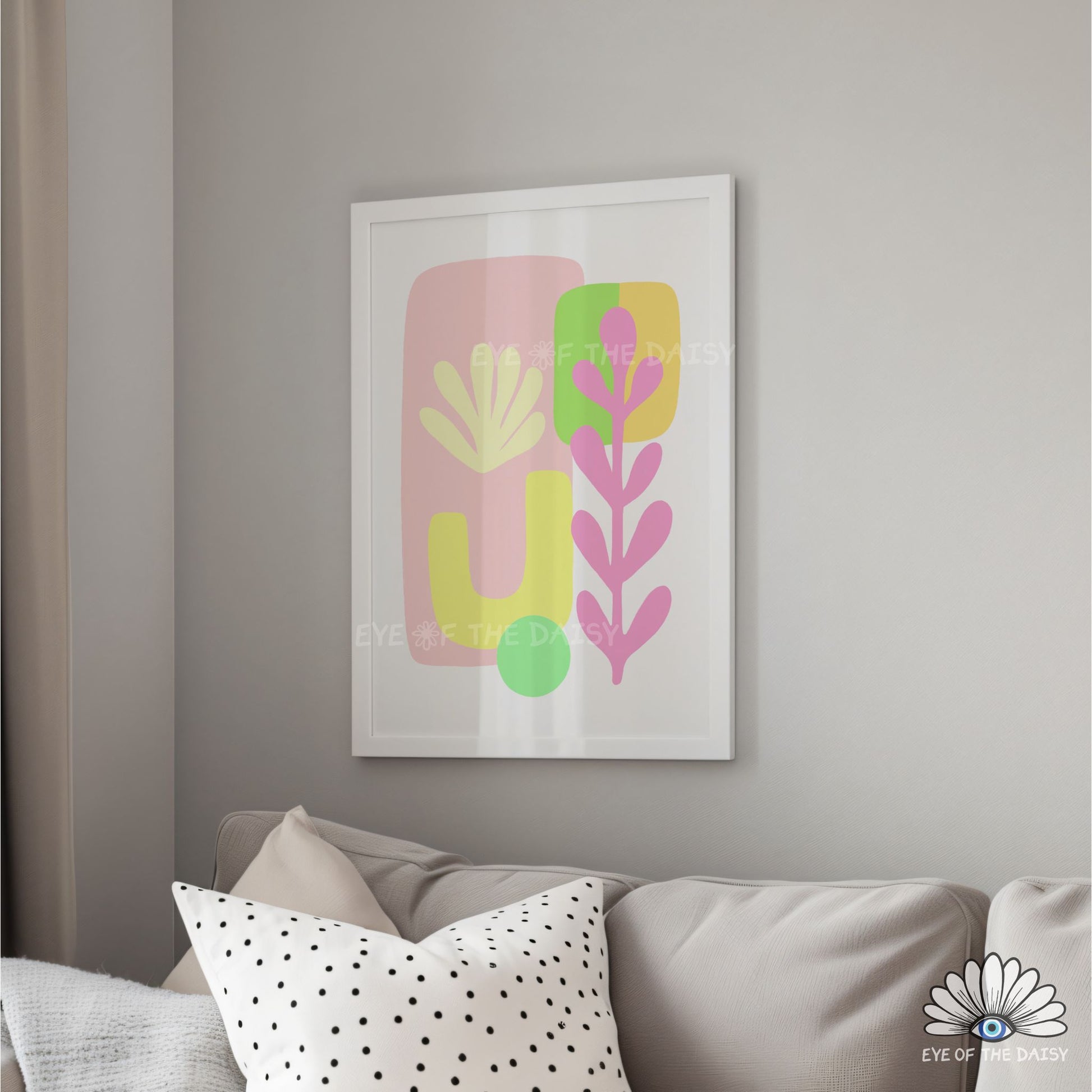 Playful pastel botanical abstract print with organic shapes, colorful modern wall art for Scandinavian style interiors