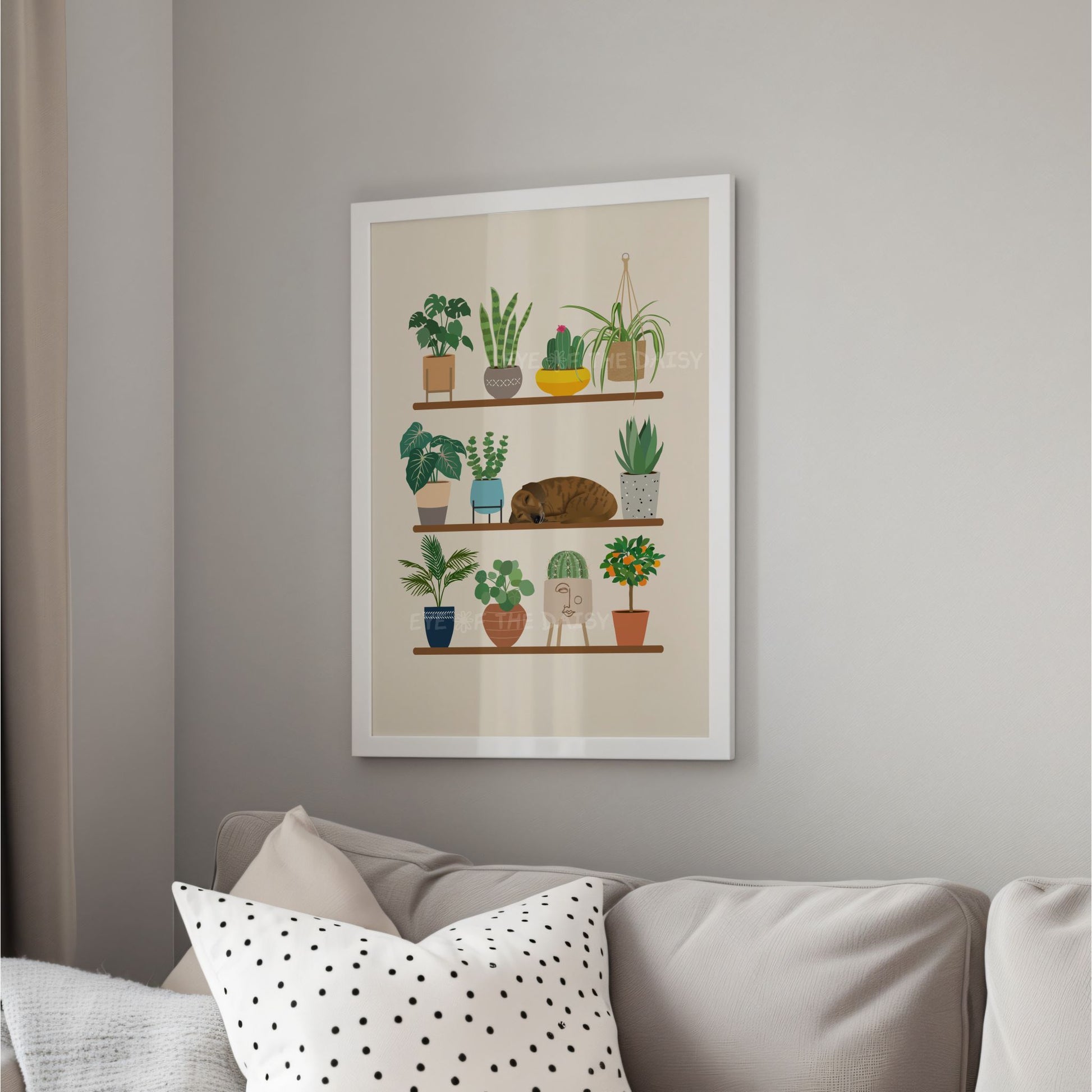 Cozy dog and houseplants poster – boho wall print download, botanical DIY decor for modern homes