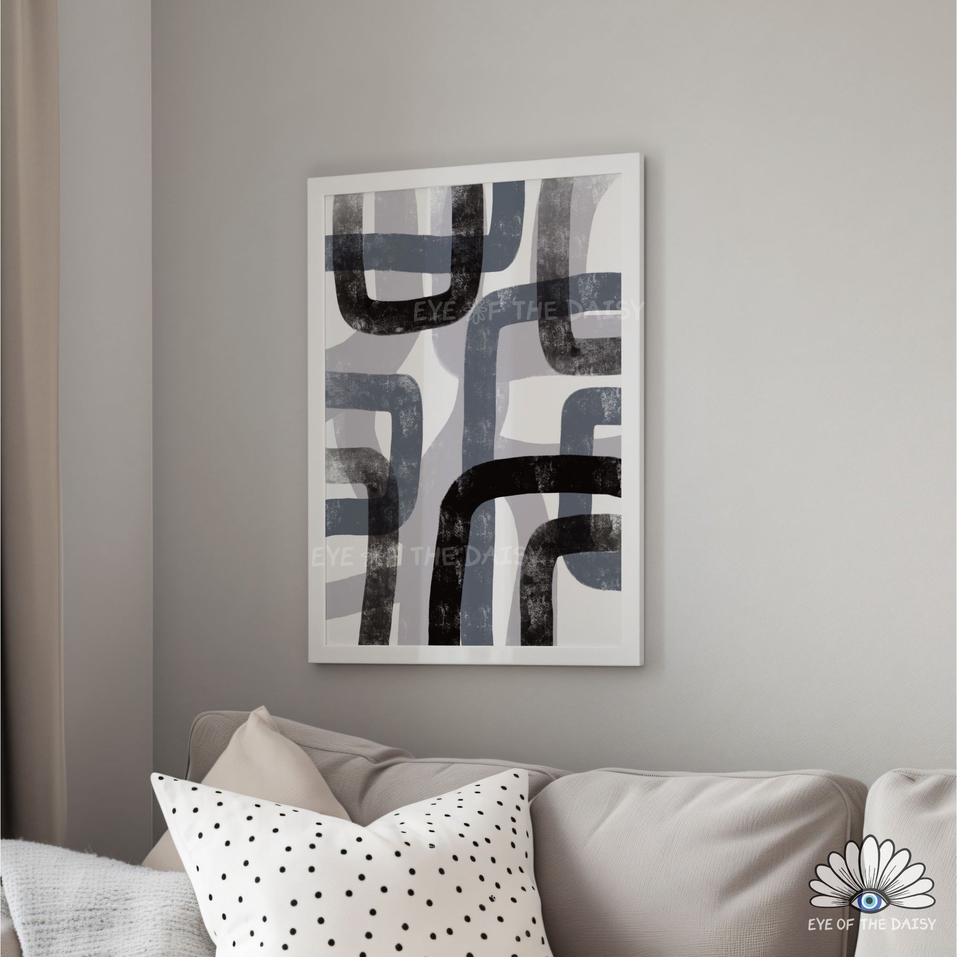 Grey and white geometric abstract digital print, minimalist wall art for sleek modern or mid century modern interiors
