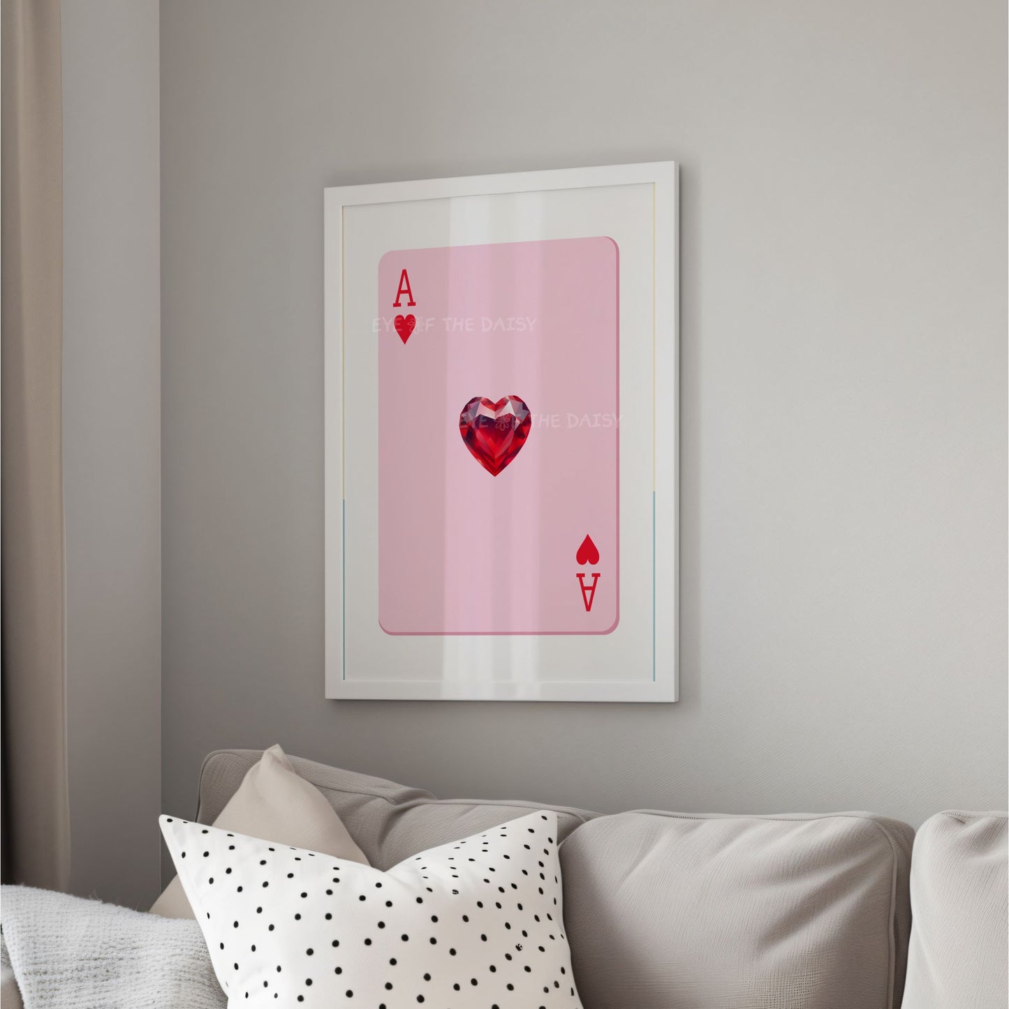 Feminine pink and red Ace of Hearts printable wall art — girly lucky heart poster, perfect playful DIY decor for modern living rooms