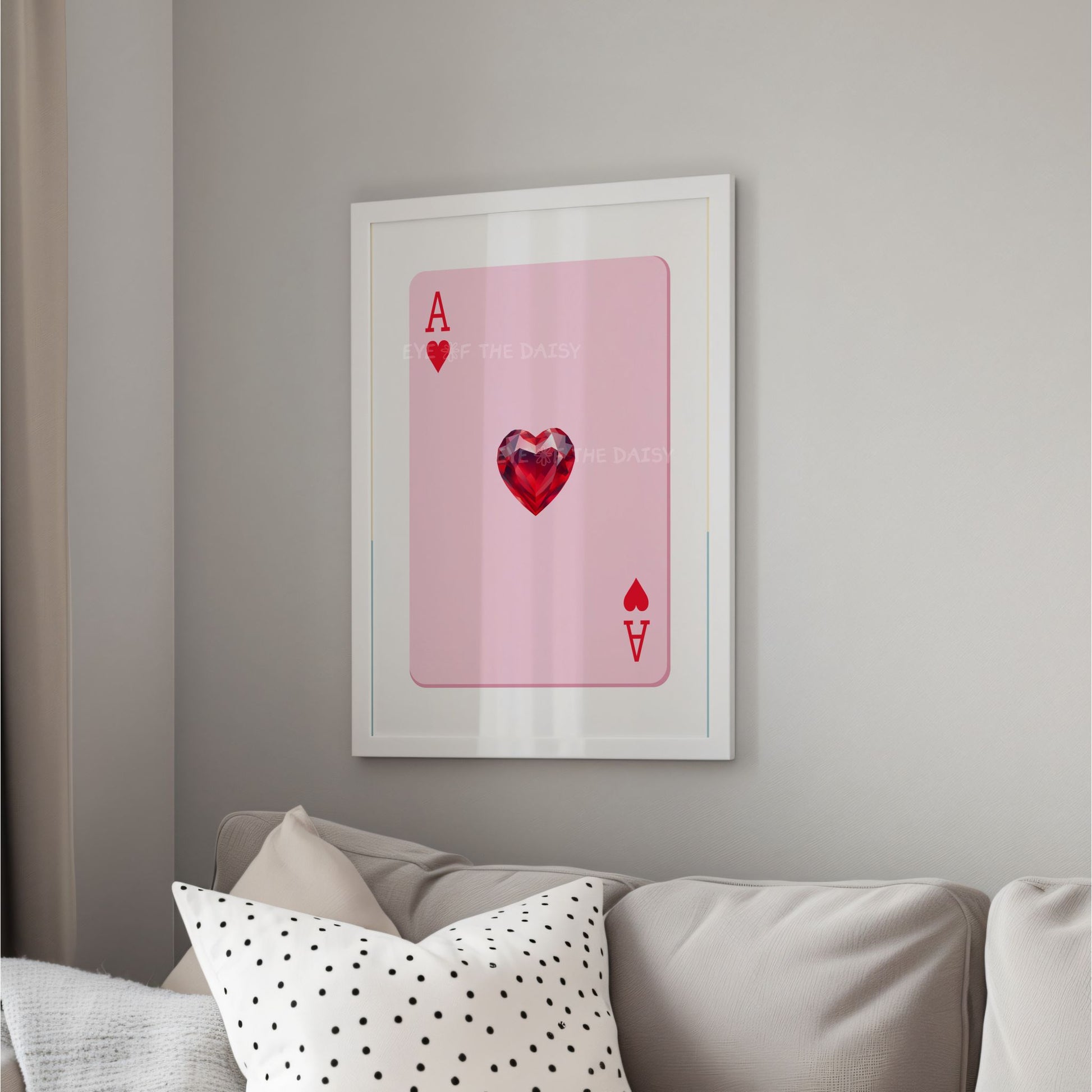 Feminine pink and red Ace of Hearts printable wall art — girly lucky heart poster, perfect playful DIY decor for modern living rooms