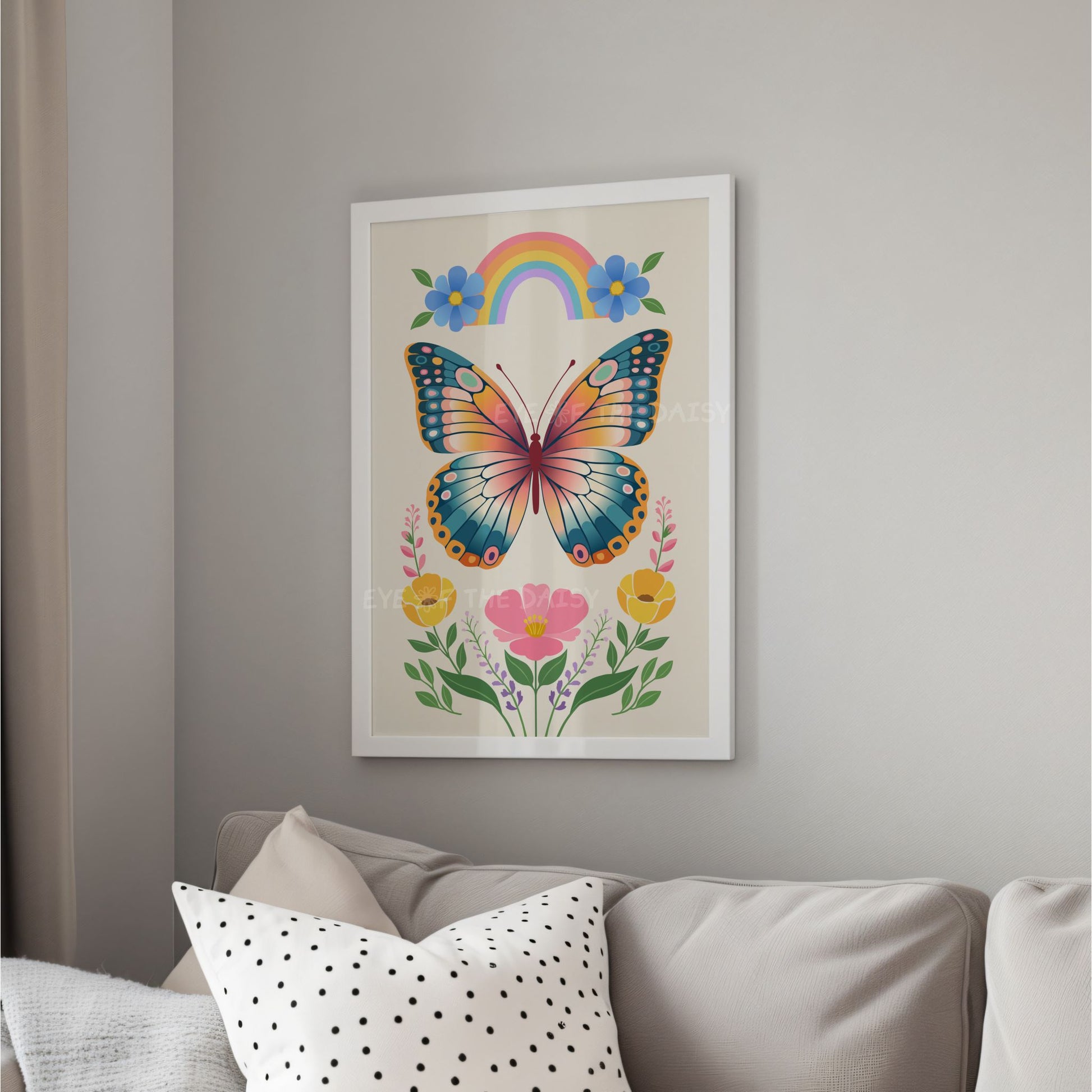 Colourful vintage butterfly and botanical folk art print, great for dopamine decor or eclectic living rooms