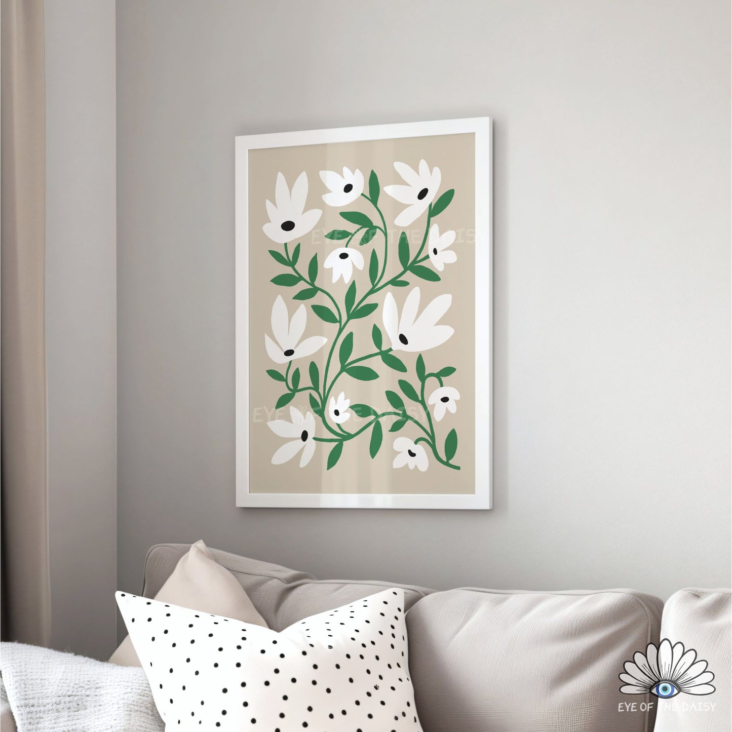 Boho neutral white and green floral printable wall art, modern home gallery wall digital download