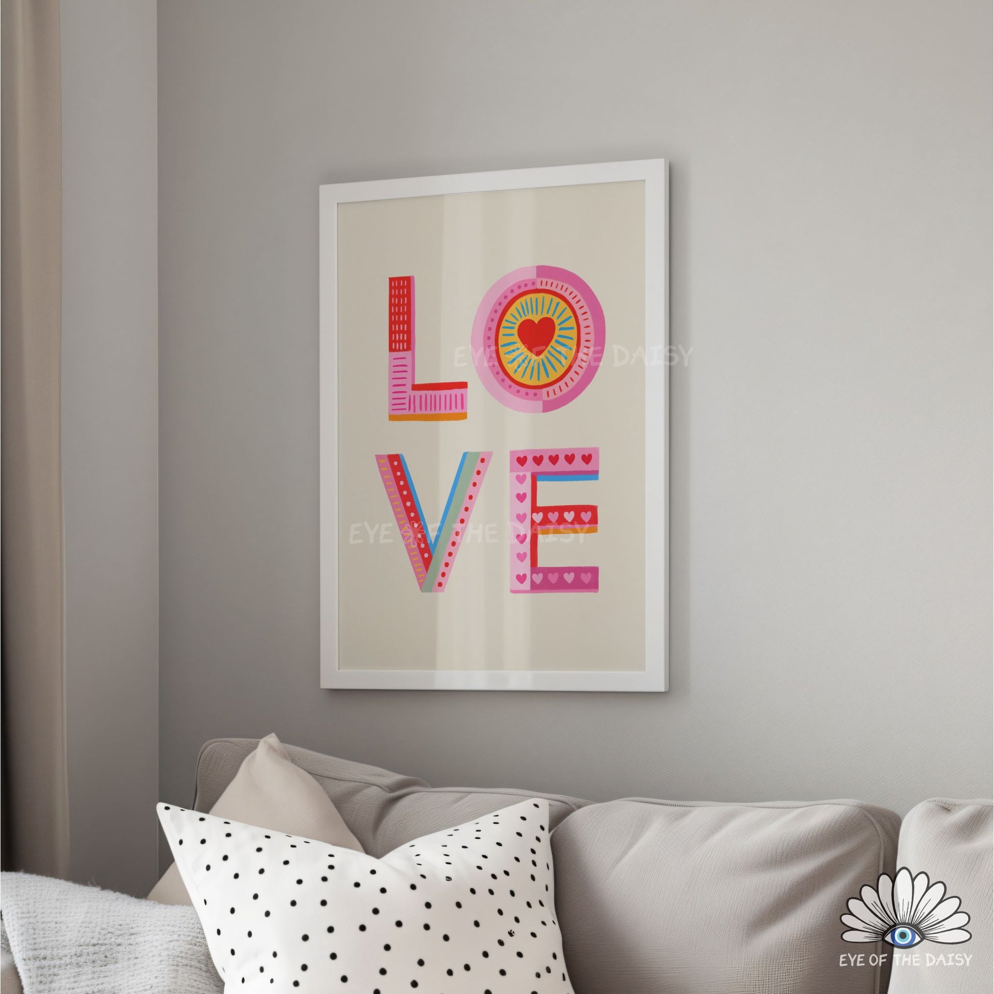 Eclectic LOVE typography poster printable wall art in red and pink, cheerful and dopamine decor for living rooms