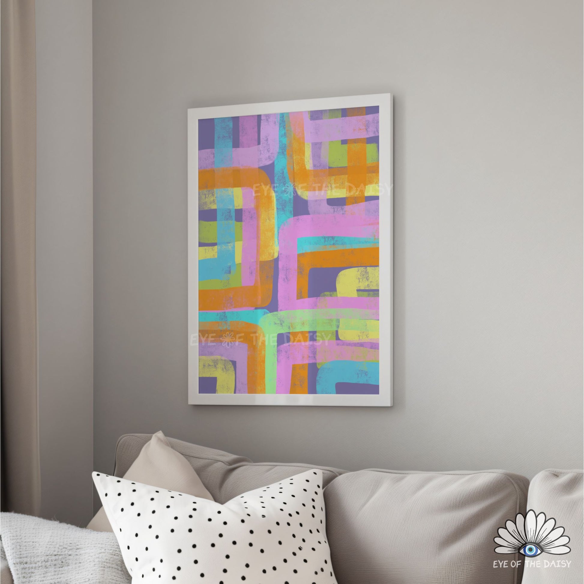 Vibrant abstract digital print, bold contemporary living room wall art in bright colors