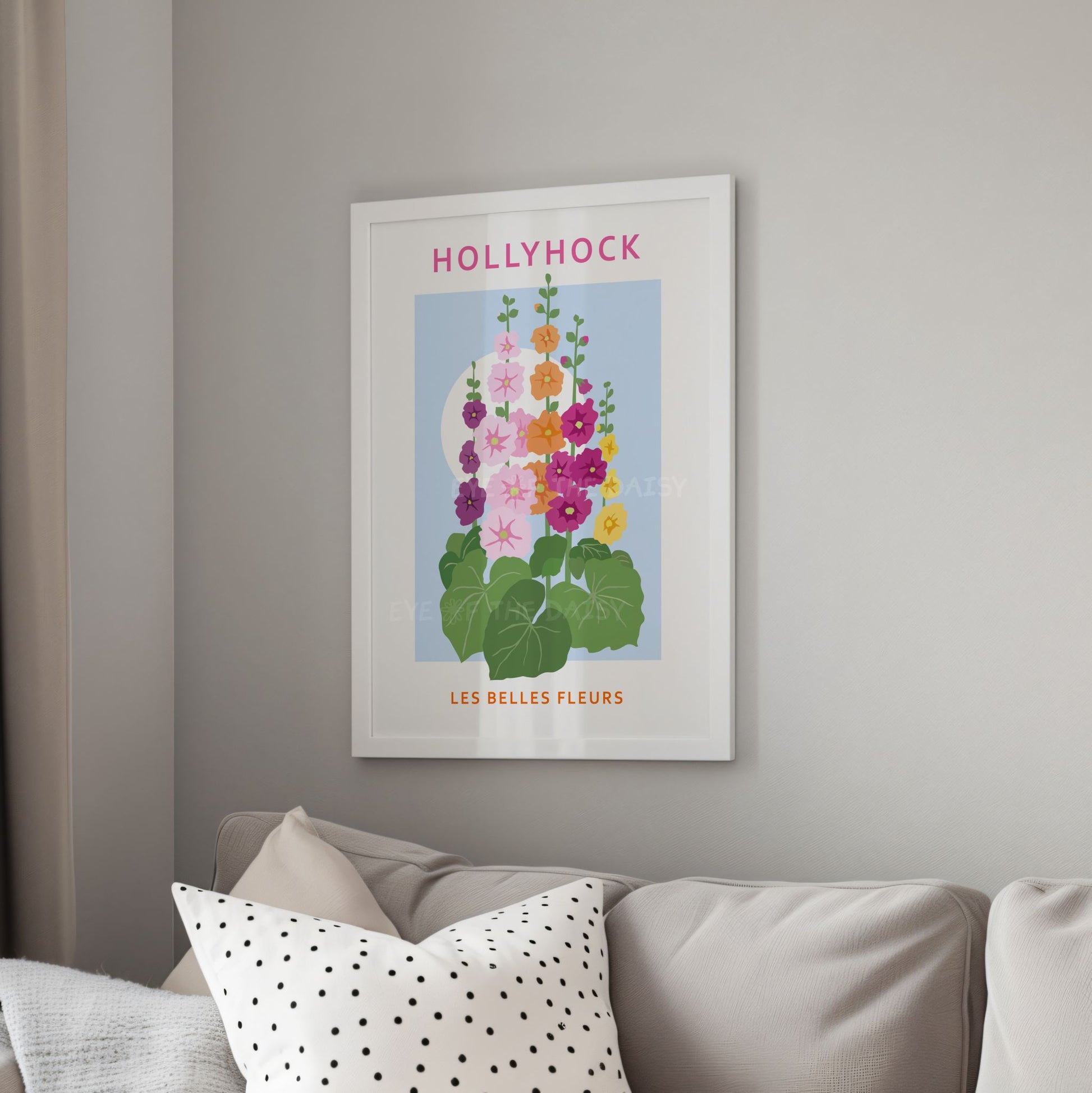 Vibrant Hollyhock flowers print, downloadable art perfect for adding colour to a dopamine deccor living room