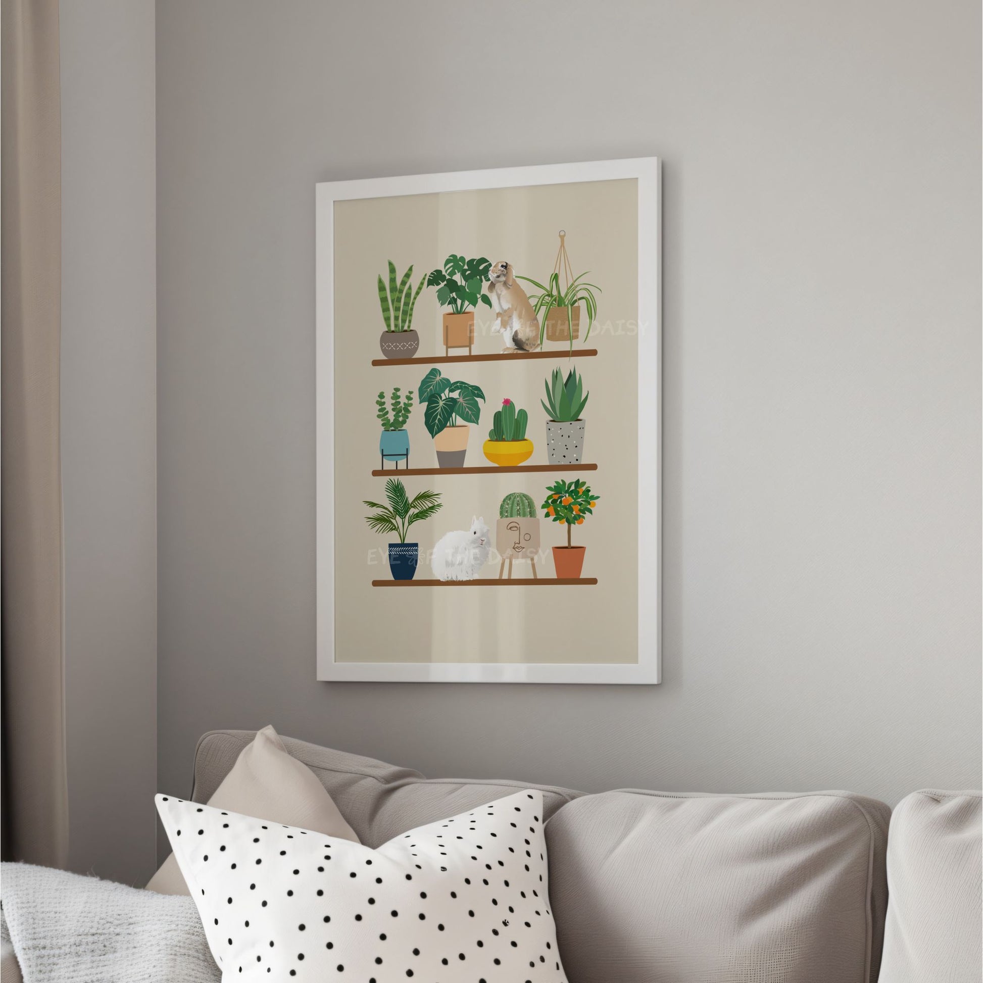Framed custom personalized pet portrait art print of bunny rabbits on a shelf next to house plants
