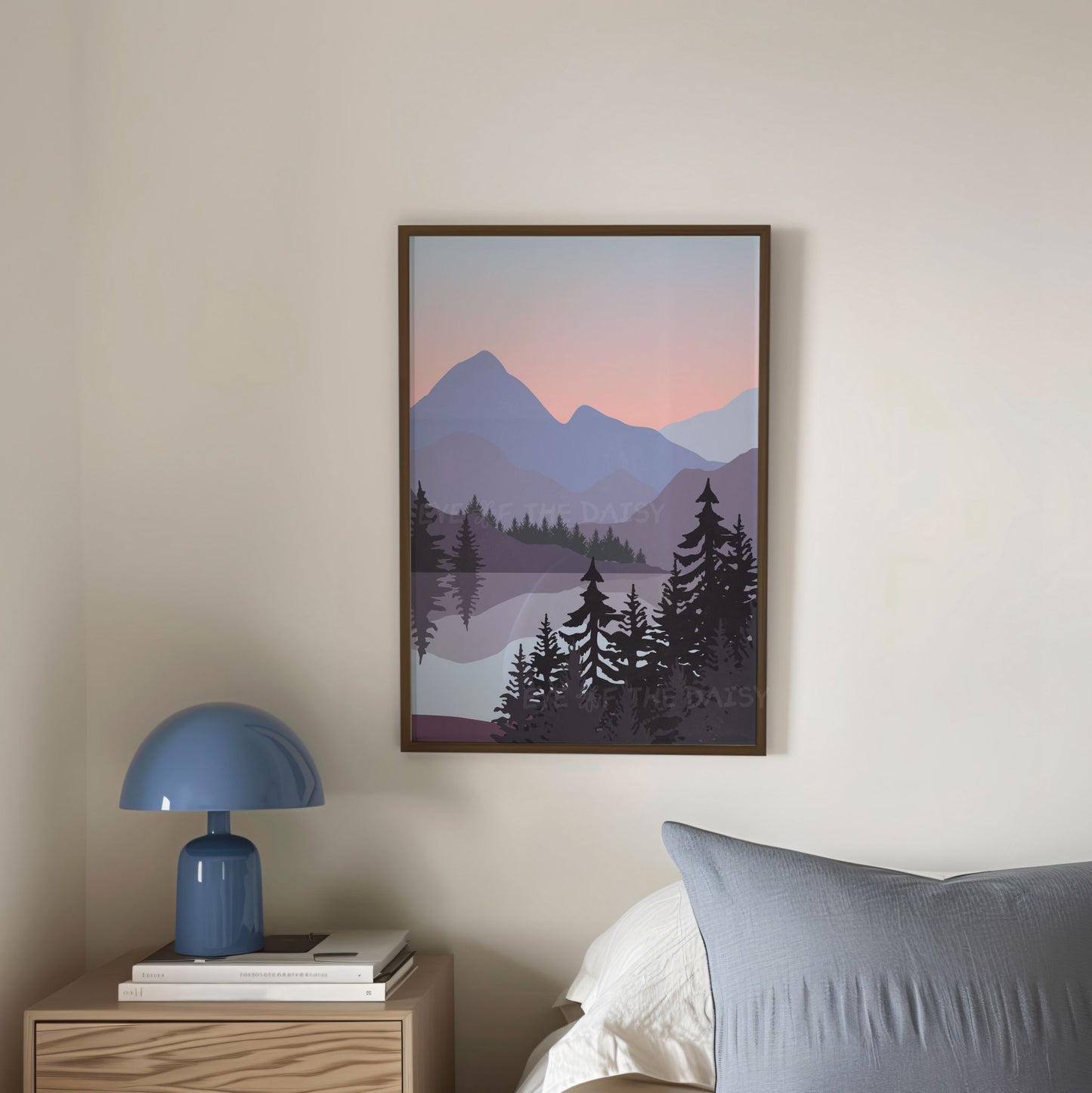 Calming landscape print of a mountain range in lilac, blue, purple, peach tones for modern bedroom printable wall decor