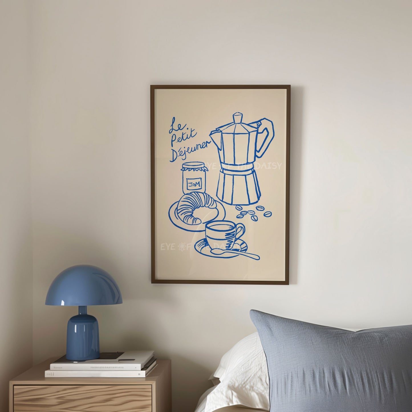 Blue & beige artwork of a Moka pot, coffee cup and croissant, great breakfast DIY wall decor for a trendy apartment or breakfast nook