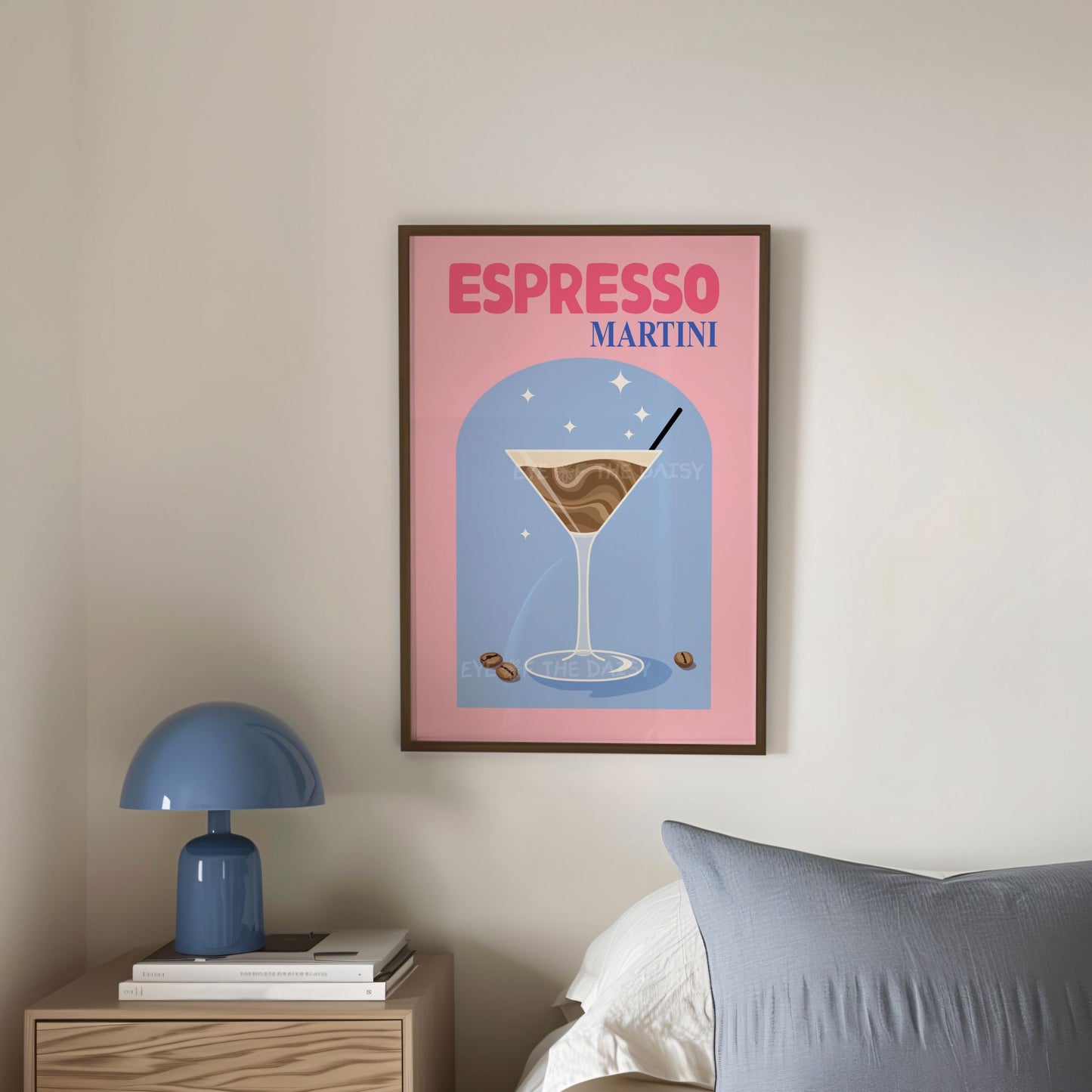 Printable Espresso Martini poster in pink & blue for girly college or dorm room decor, cocktail poster for trendy wall decor