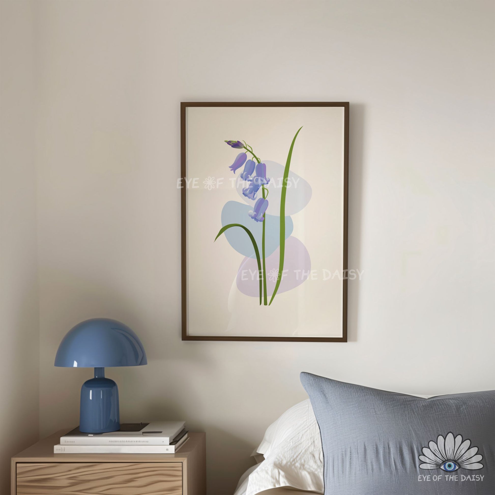 abstract bluebell flower poster printable, light blue botanical artwork for modern apartment decor