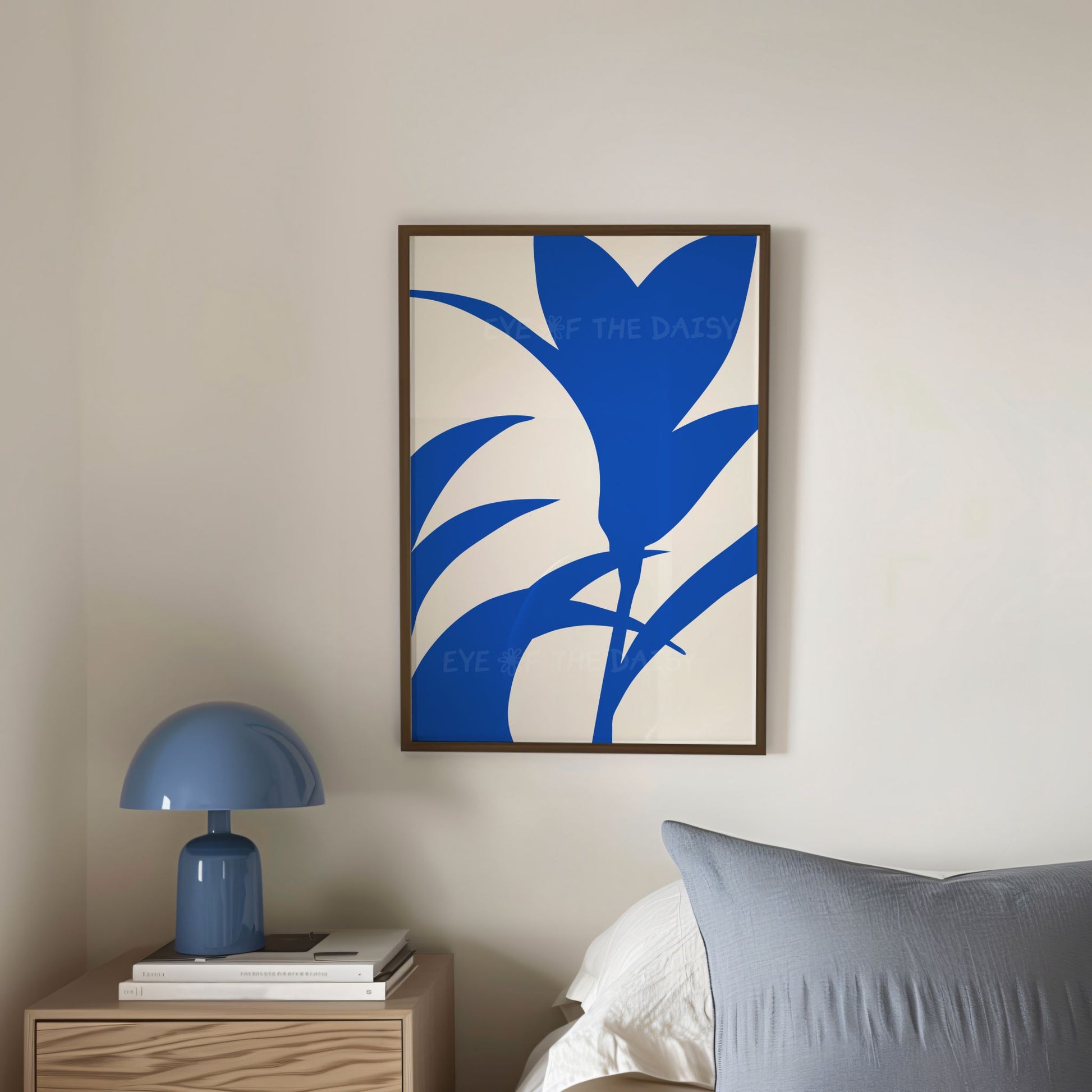 Abstract leaf poster set in royal blue, minimal digital art prints for trendy Scandi bedroom, instant printable wall art