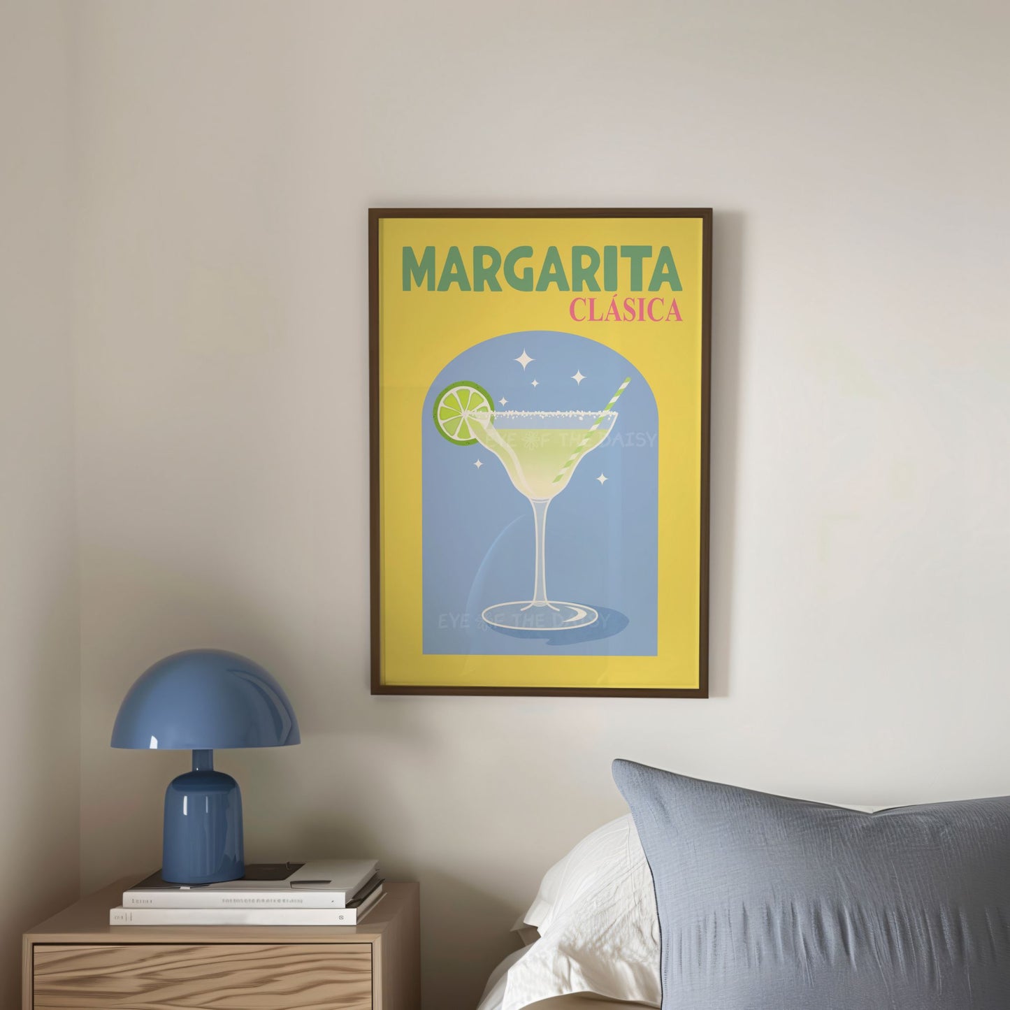 Printable poster of a retro illustration of a margarita cocktail in bright yellow, blue and green with text