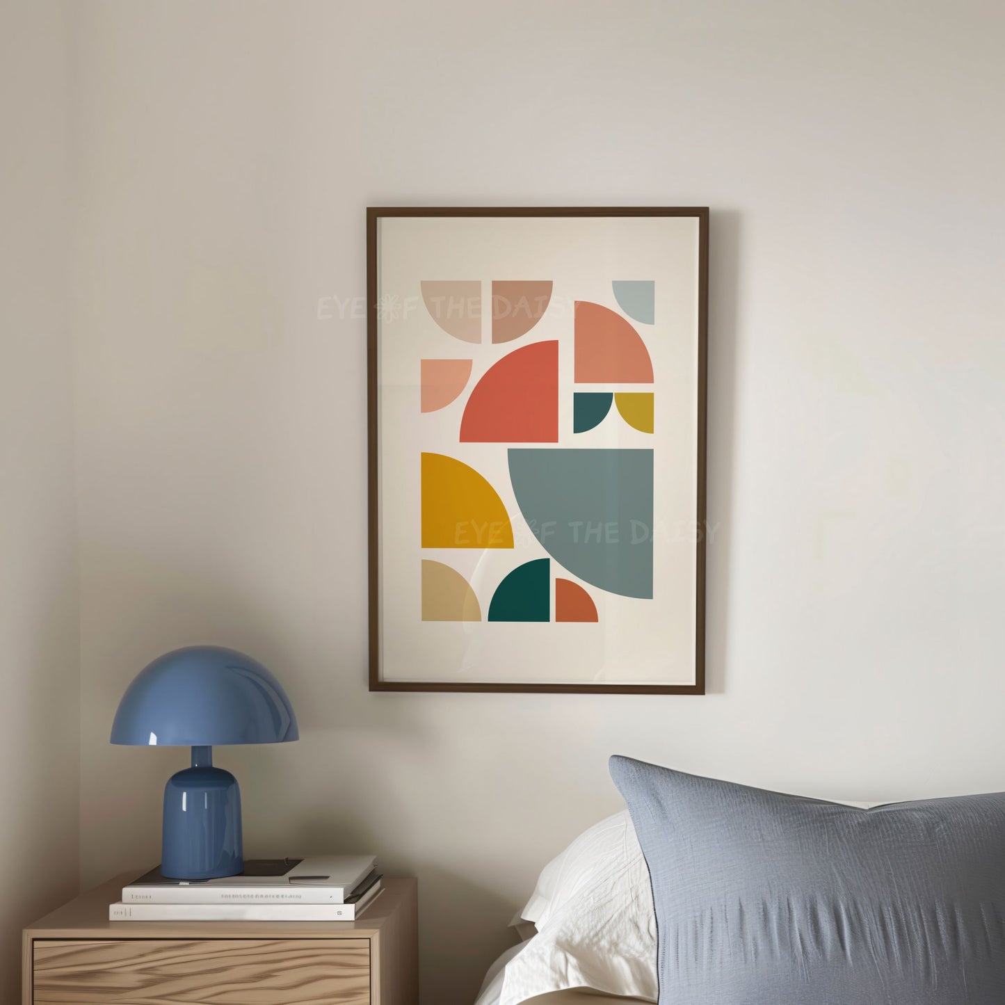 Quarter circle geometric art print – retro downloadable art in teal, terracotta, & mustard tones for a modern bedroom