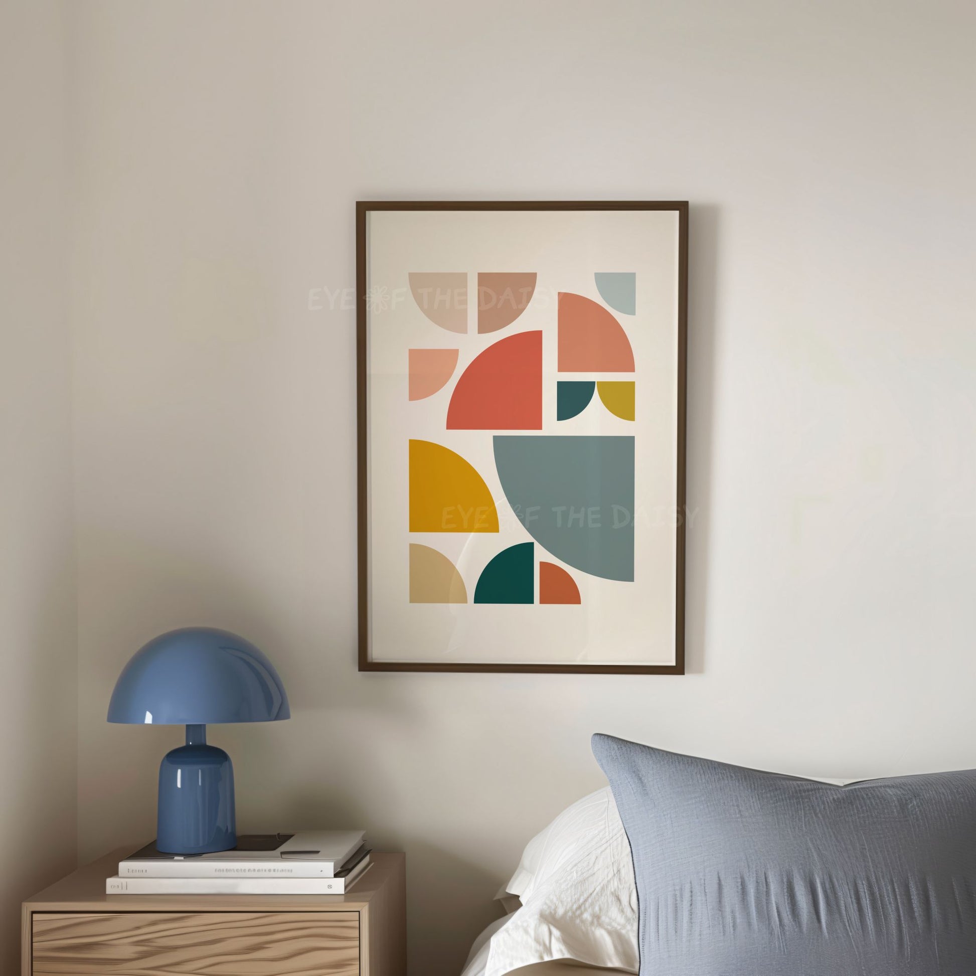 Quarter circle geometric art print – retro downloadable art in teal, terracotta, & mustard tones for a modern bedroom