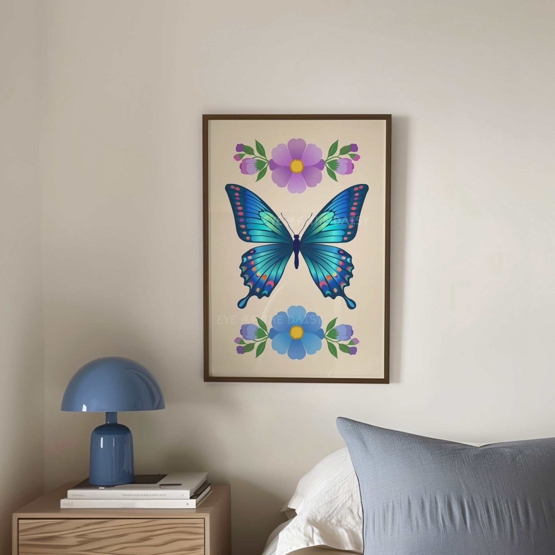 Modern vibrant floral butterfly printable poster, instant digital download flowers and butterfly print in boho Scandi style