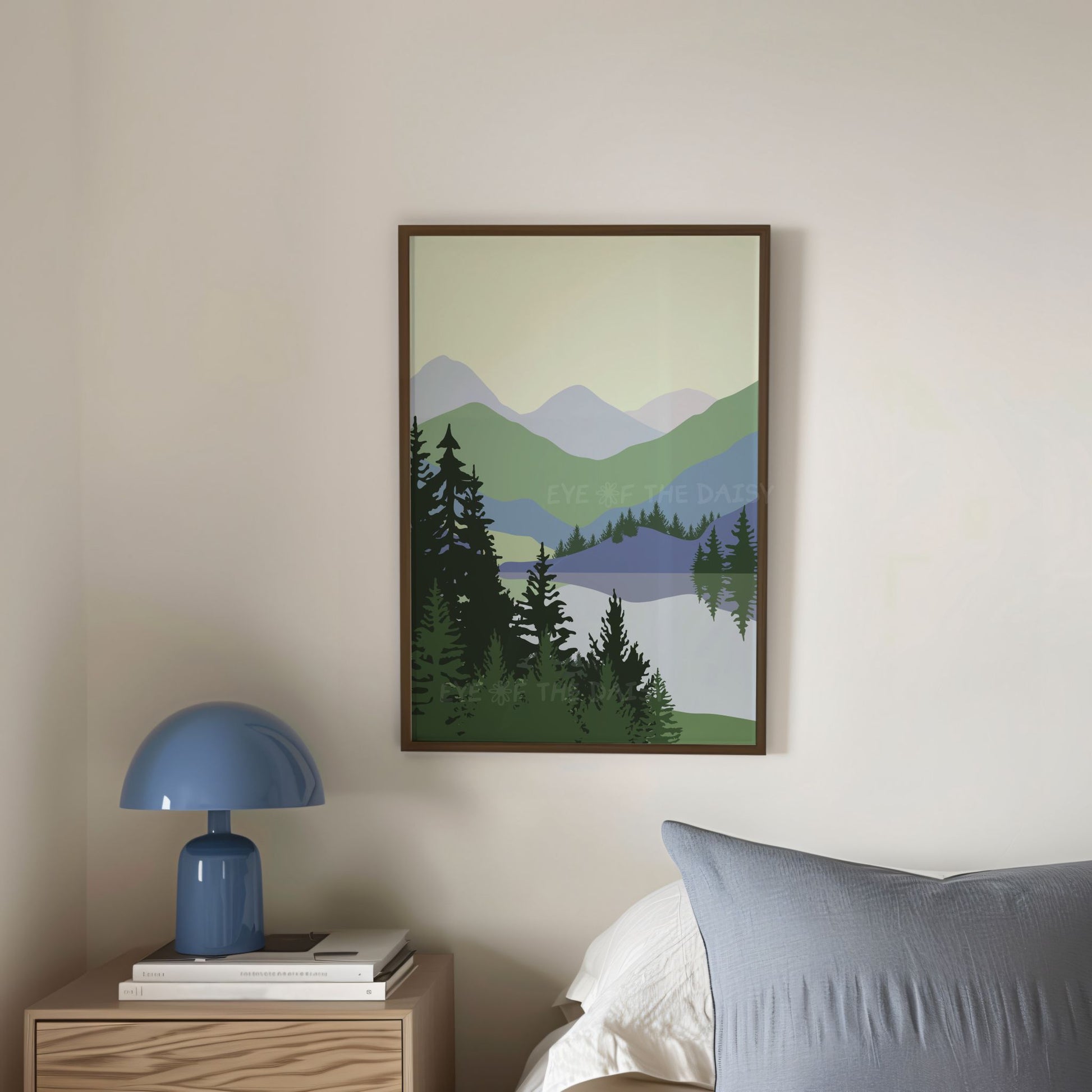 Minimal mountain landscape printable poster in calming sage green & blue tones in a mid century modern blue bedroom