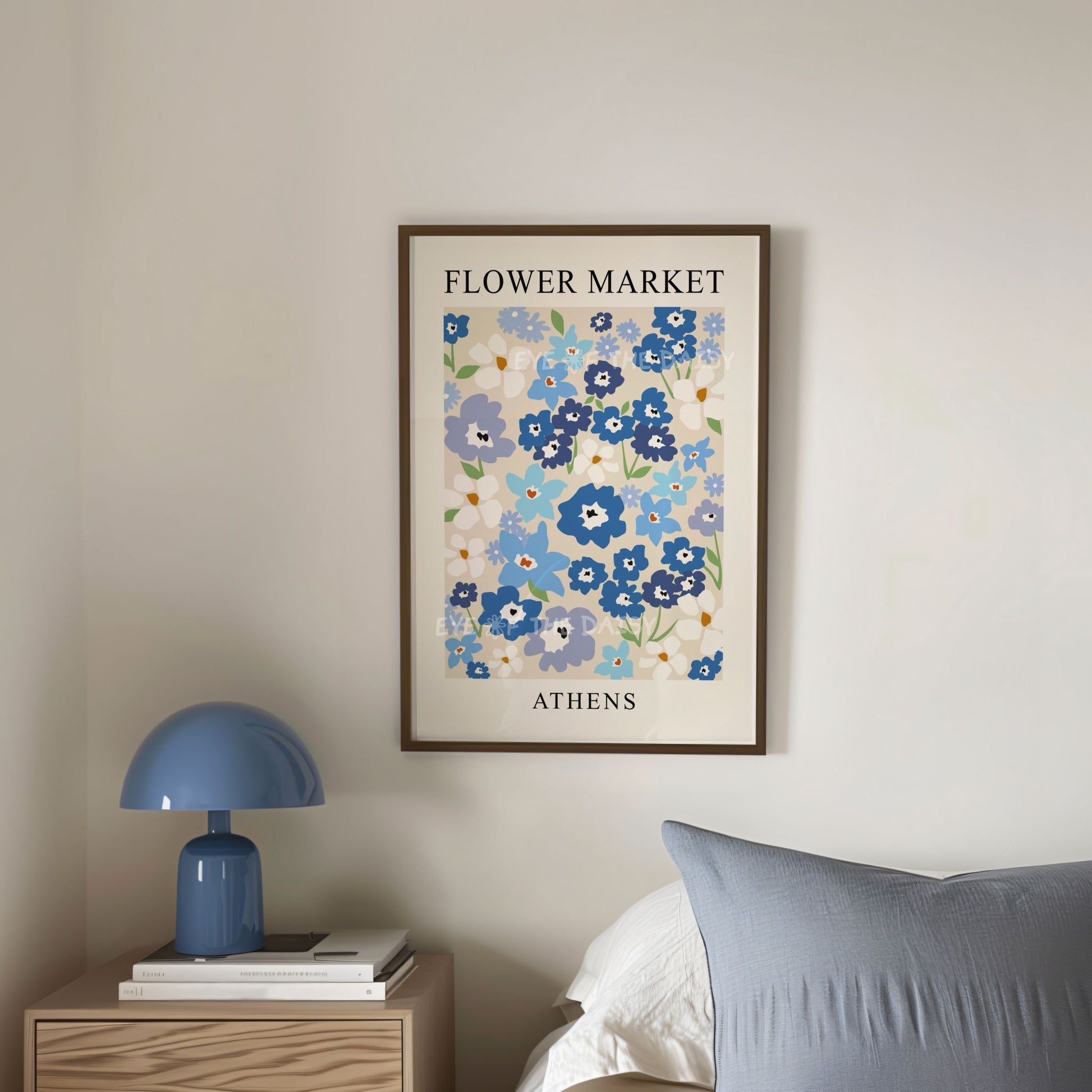 Blue abstract floral wall art print — Scandinavian flower market digital download poster, perfect DIY decor for trendy modern bedrooms