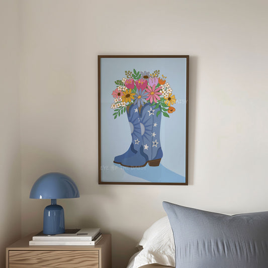 Trendy cowgirl boots art print in denim blue – cute girly digital download poster with flowers, perfect printable wall art for teen room