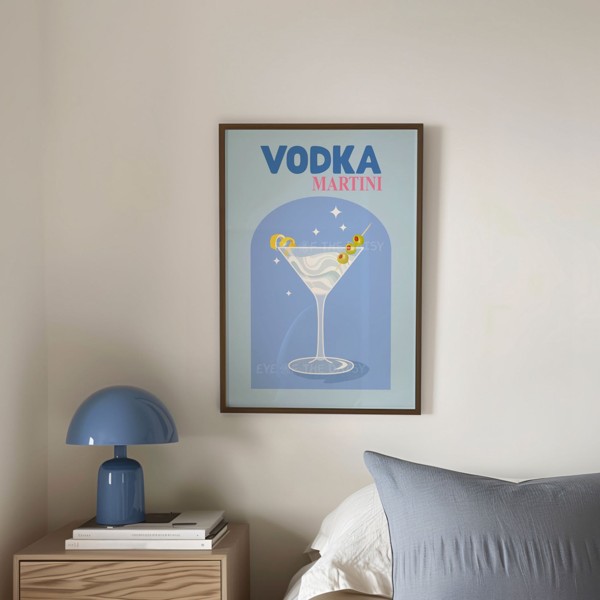 Retro Vodka Martini printable poster — blue cocktail art print with funky typography, ideal for dorm decor or trendy bedroom wall art