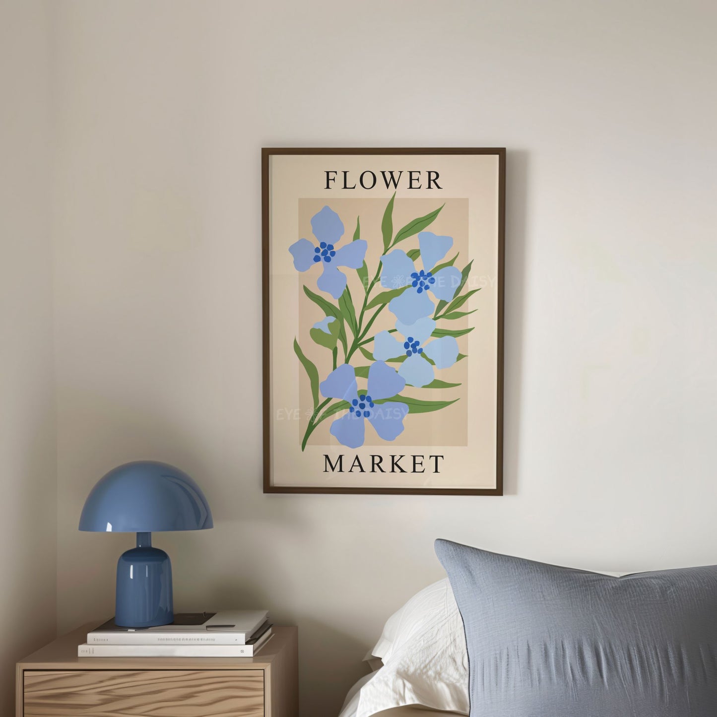 Blue Flower Market printable wall art, abstract blue floral print for boho chic sophisticated bedroom décor or living room