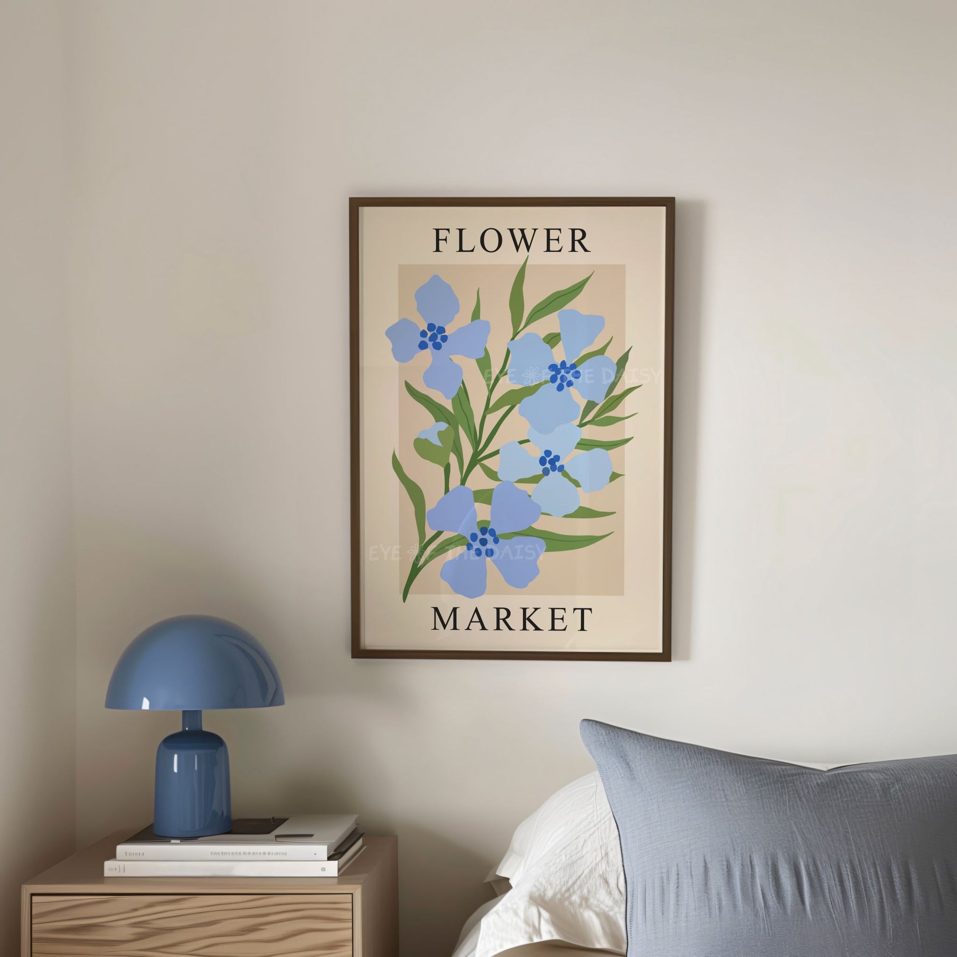 Blue Flower Market printable wall art, abstract blue floral print for boho chic sophisticated bedroom décor or living room
