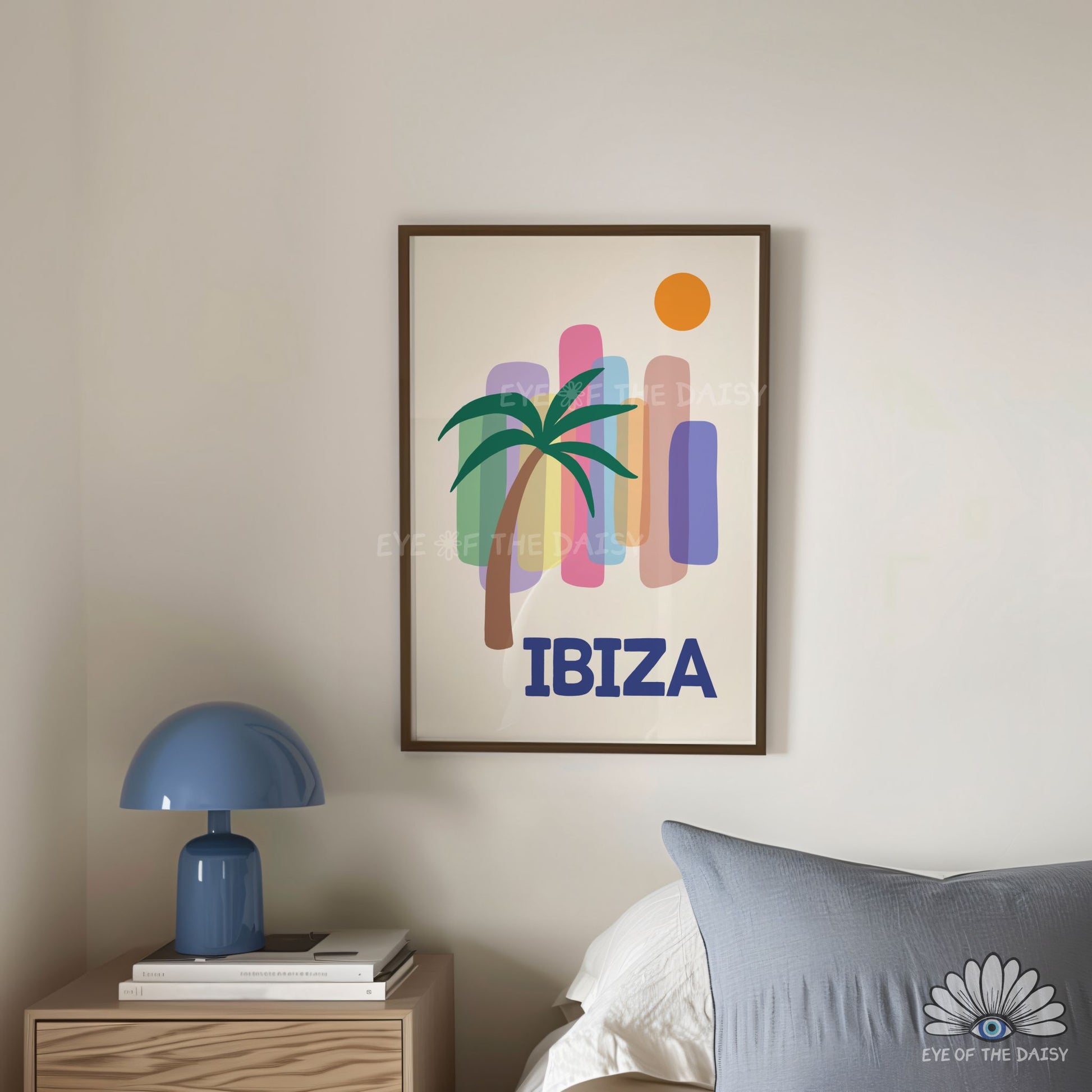Summer palm tree print, Ibiza travel printable wall art for trendy bedroom decor