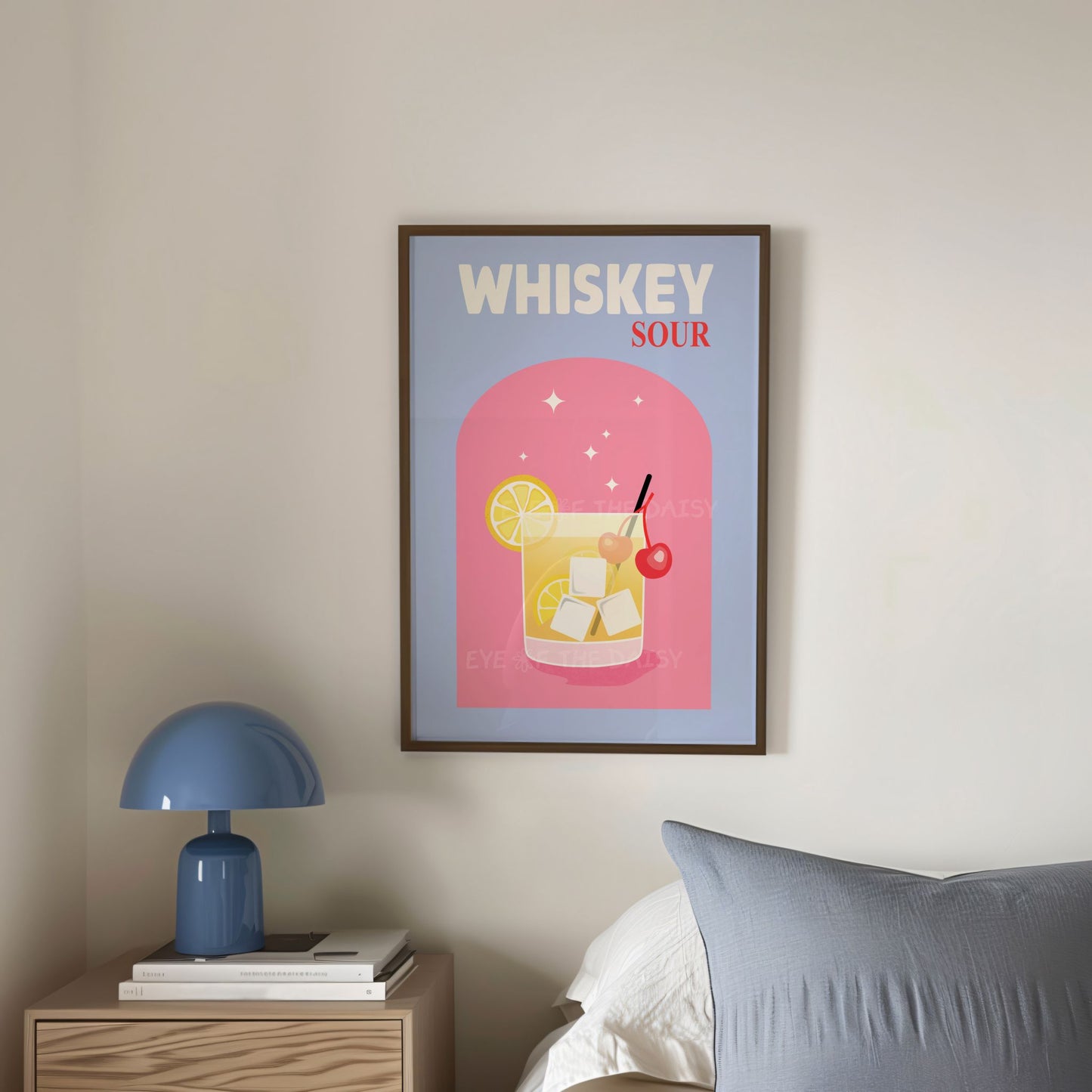 Trendy pink and blue Whiskey Sour poster, digital download for dorm gallery wall or college apartment with bold colorful style
