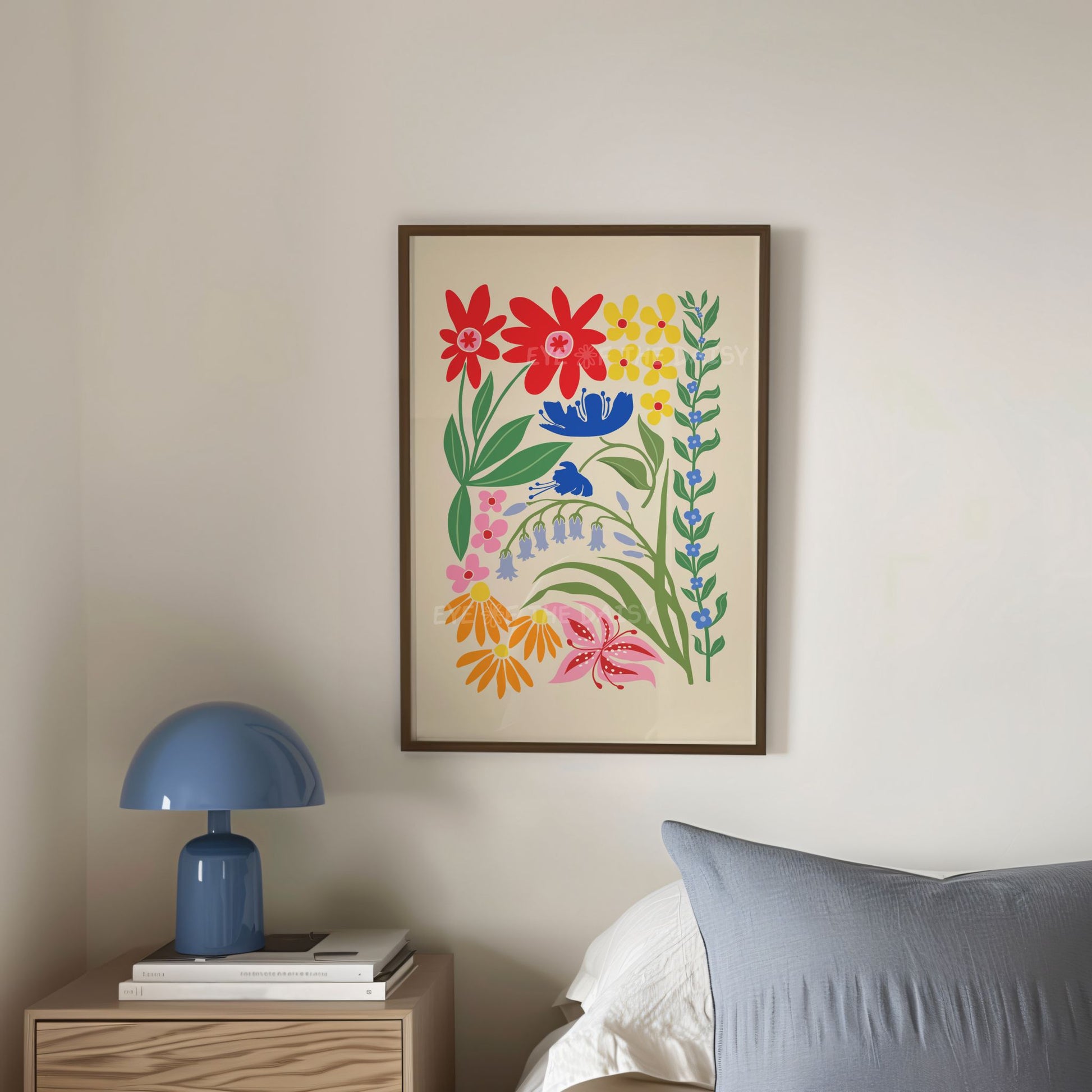 Bright colorful botanical print with red, royal blue, yellow, orange and pink abstract flowers and green leaves, great for trendy bedroom decor