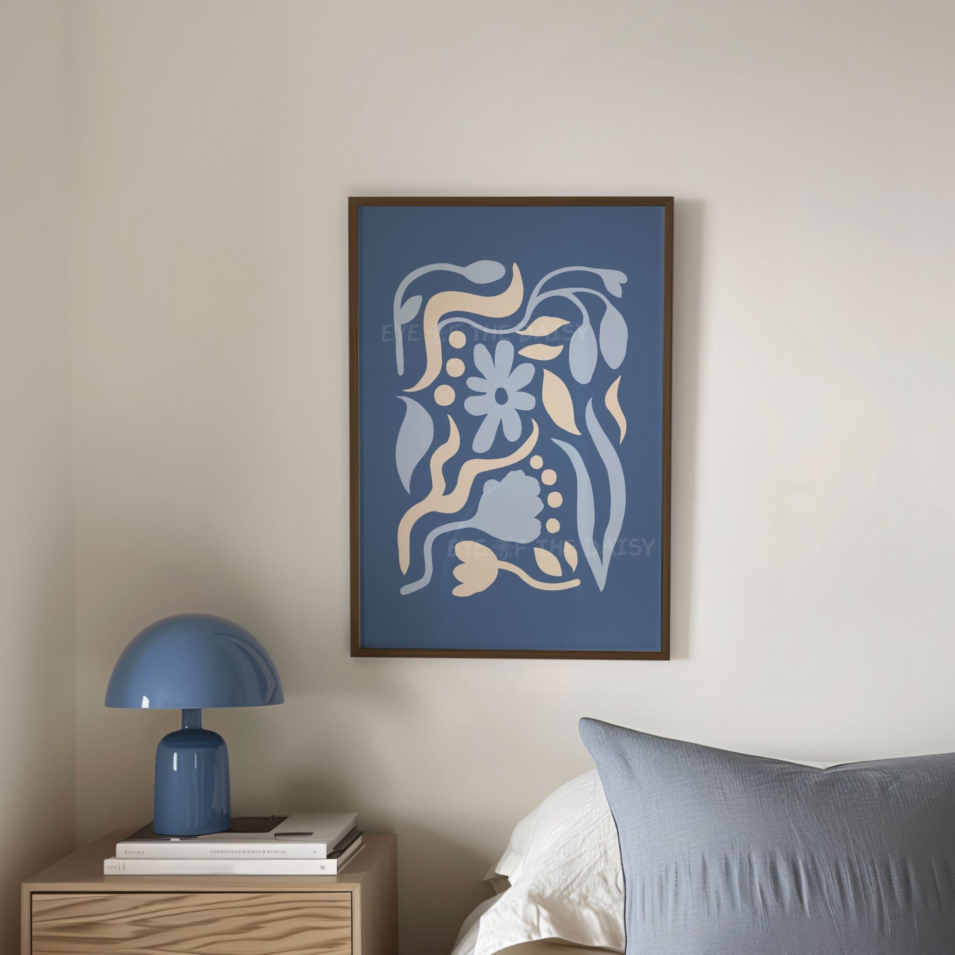 Modern Scandi botanical cut-out print set of 4 – navy, pale blue, beige floral shape prints, perfect for home office gallery wall