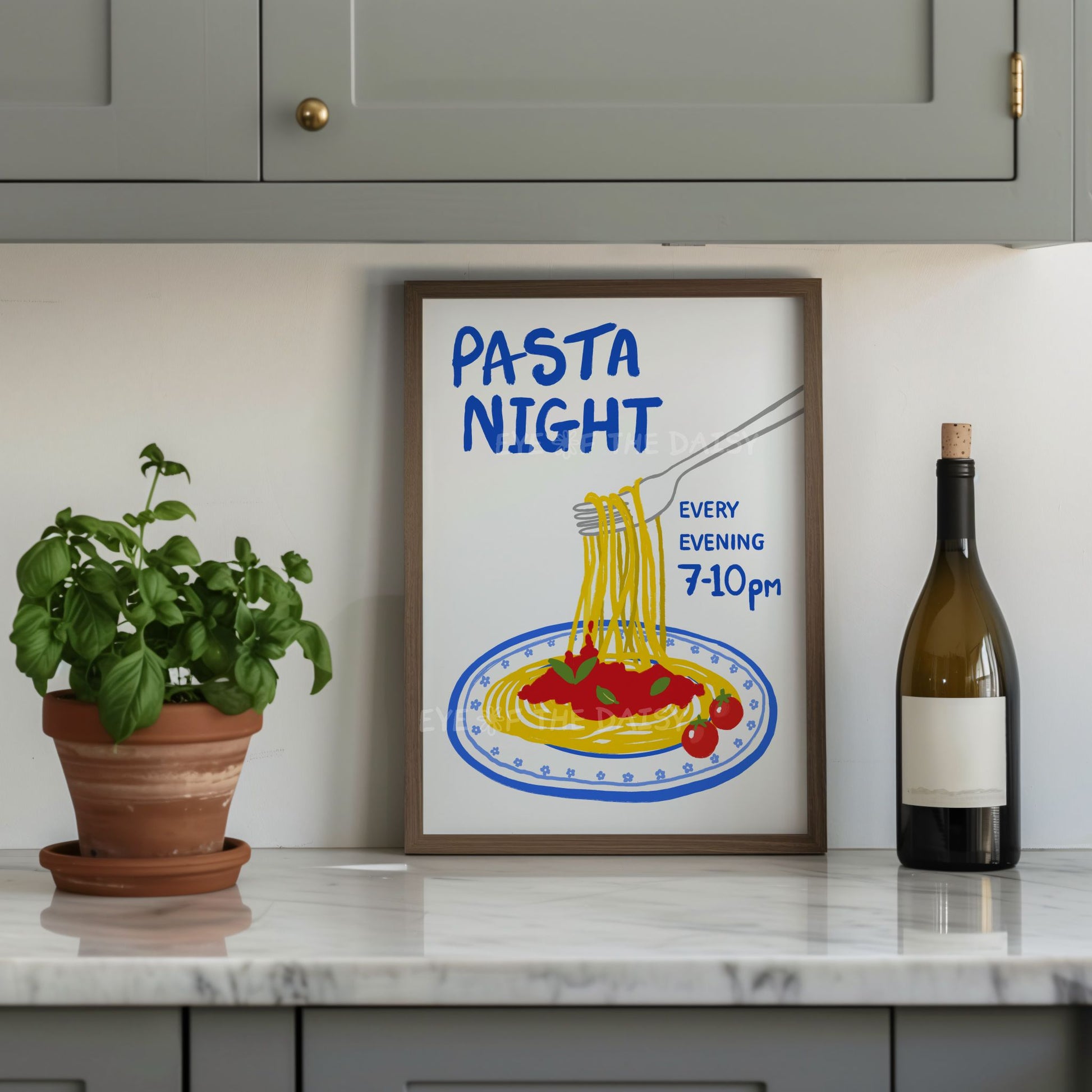 A trendy colourful foodie wall art print of hand drawn spaghetti on a plate with the funny quote "Pasta Night" in a trendy kitchen