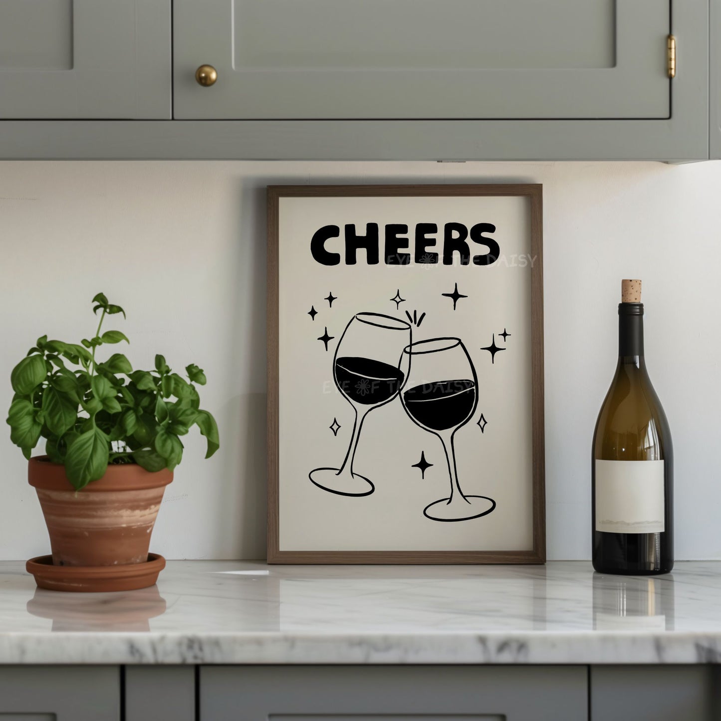 Cheers wall art print, quirky trendy kitchen printable, downloadable artwork for fun entertaining space