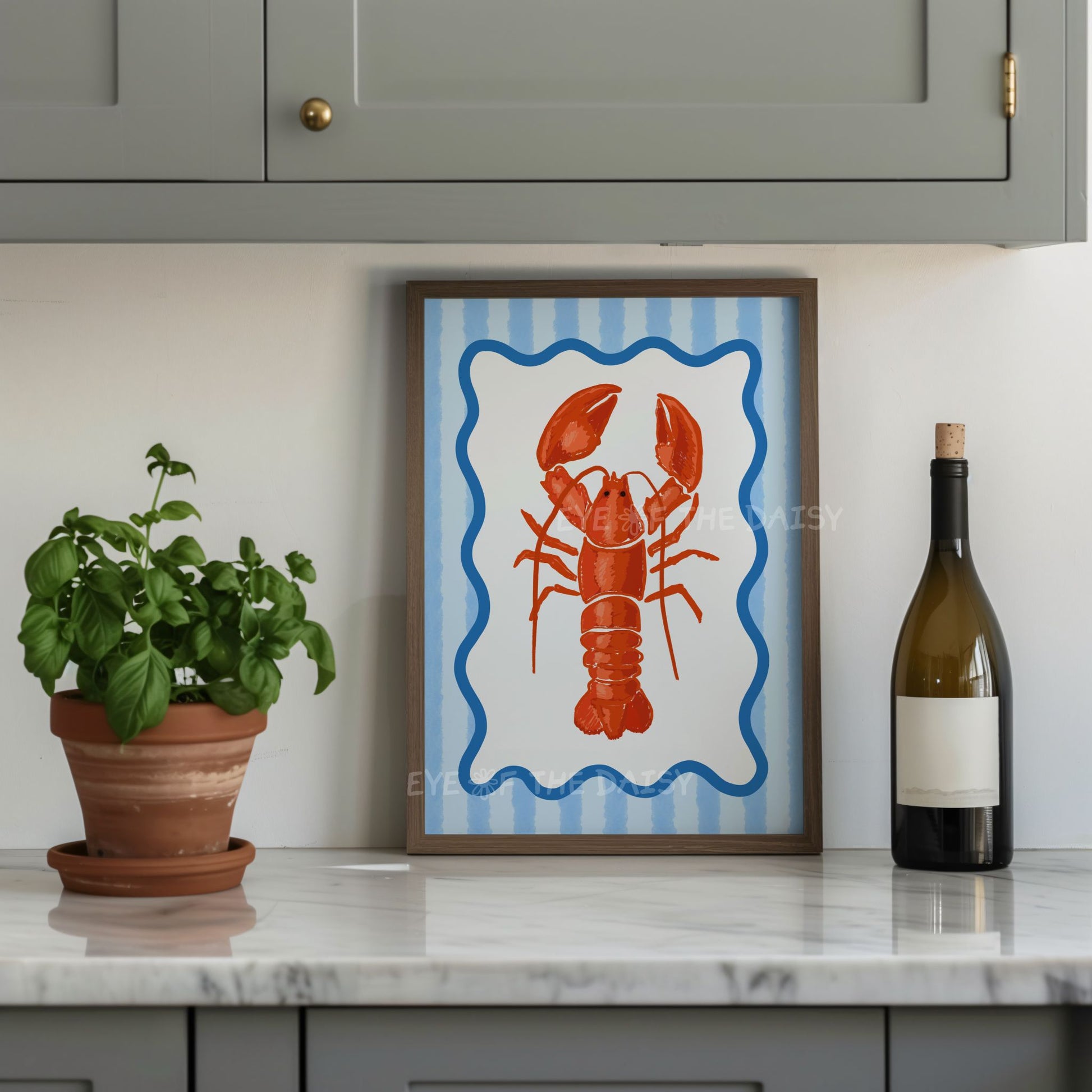 Trendy hand drawn lobster printable wall art, beachy, eclectic and makes a great dinner party print or beach house decor