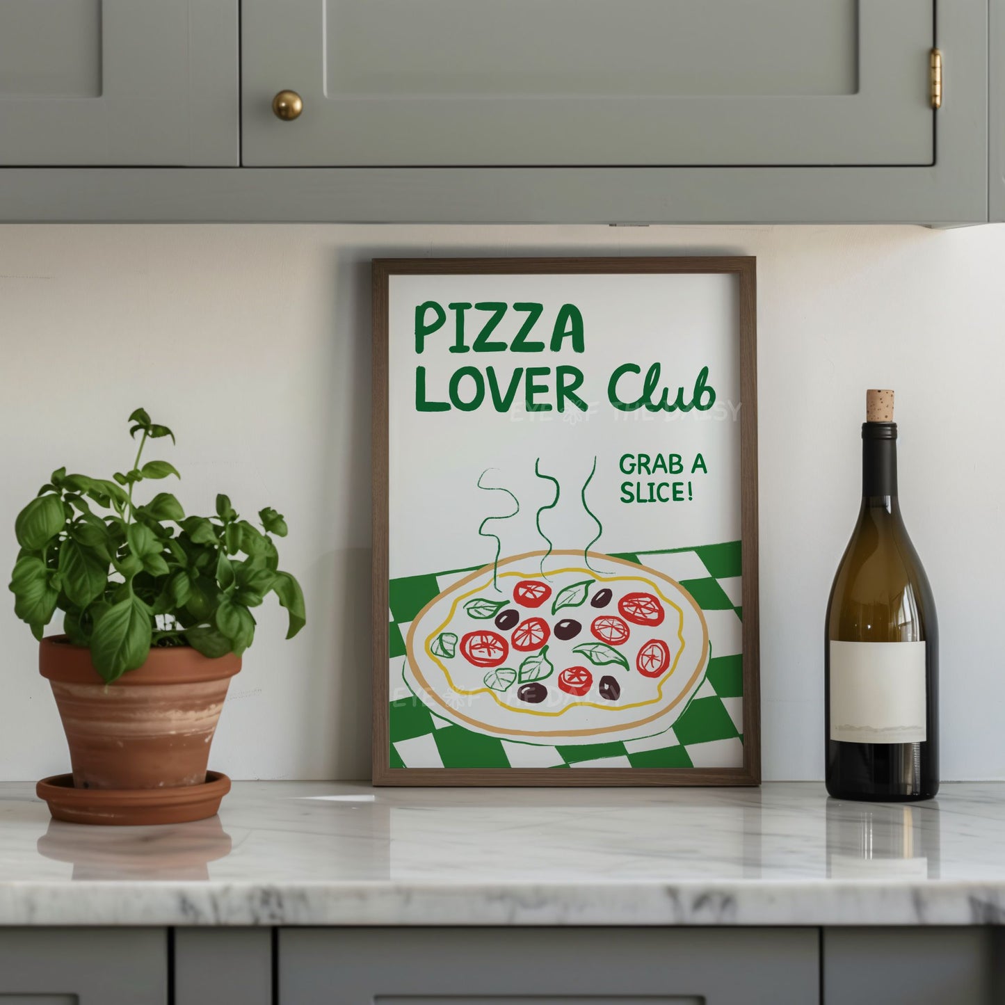 Modern trendy colourful 'Pizza Lover Club' funny quote art print displayed on a kitchen wall