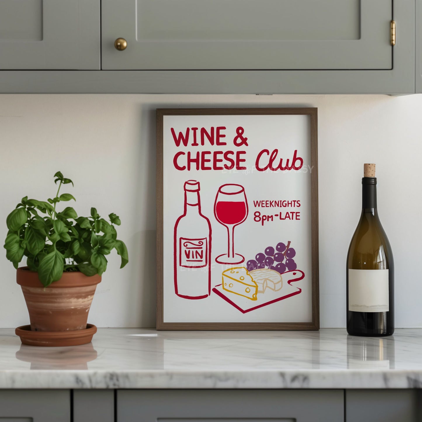 Funny "Wine & Cheese Club" print, with hand drawn contemporary illustration, great for a trendy kitchen or as dinner party decor