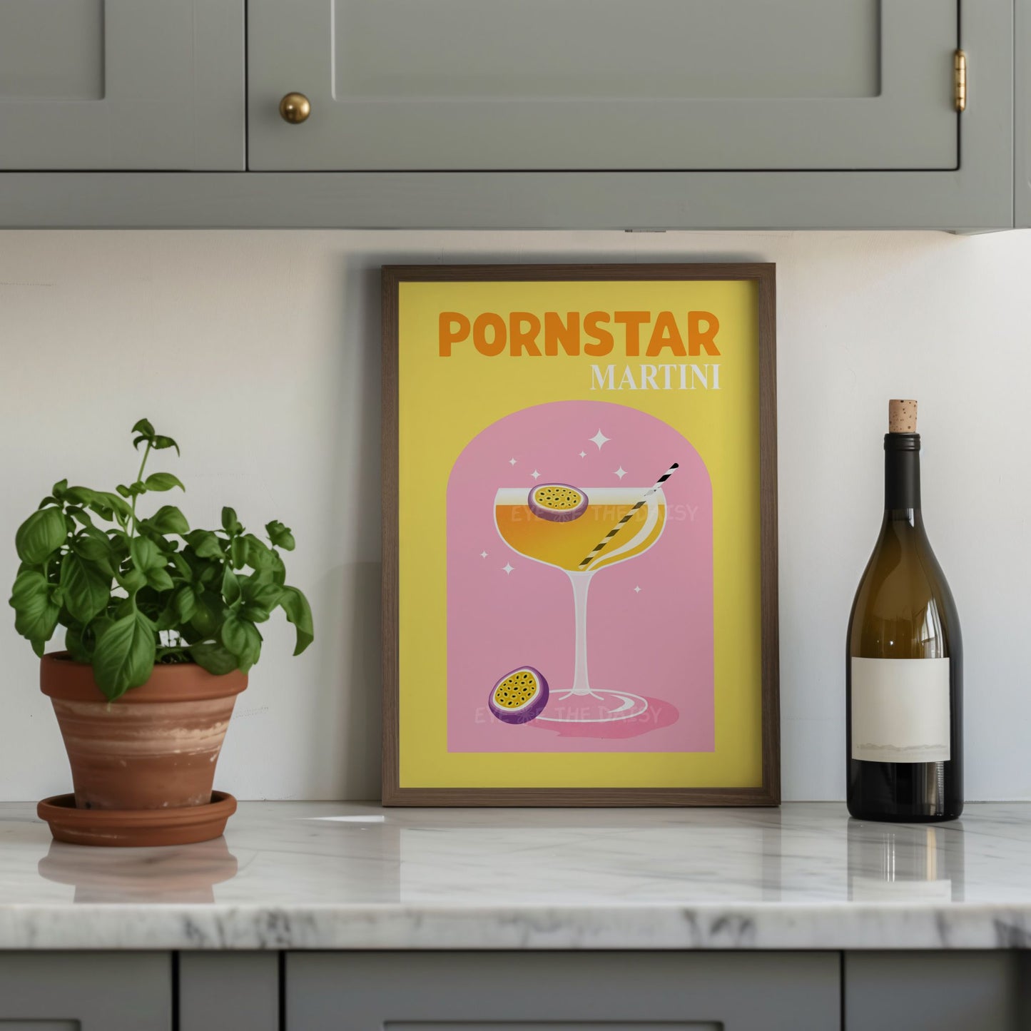 Cute Pornstar Martini printable wall art, trendy cocktail poster download for modern kitchen or home bar decor